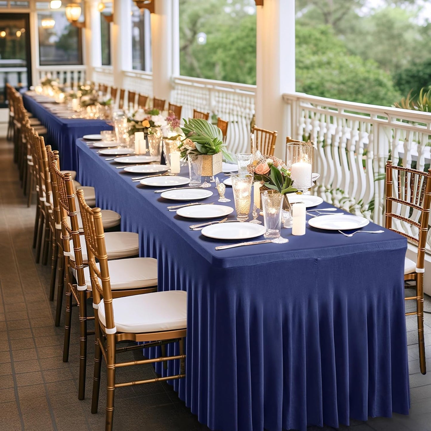 Wish Care 6 Pack Navy Blue Spandex Table Clothes for 8 Foot Rectangle Tables, 8FT Wrinkle Free Fitted Tablecloths Ruffles Design Table Cover for Party, Banquet, Wedding and Events