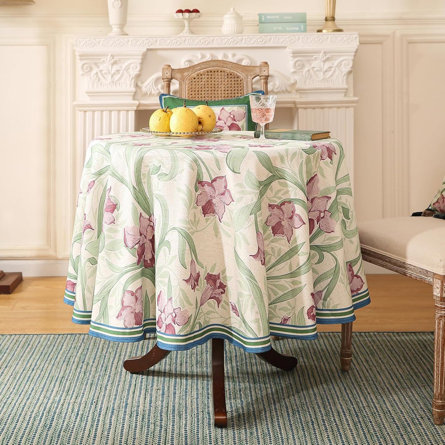 patdrea Designer Vintage Green Tablecloth for Round Table,Framhouse Linen Violets Pattern Tablecloths,Floral Table Cover Decor for Kitchen Dining Christmas,Thanksgiving,Diameter 67"-Tara a