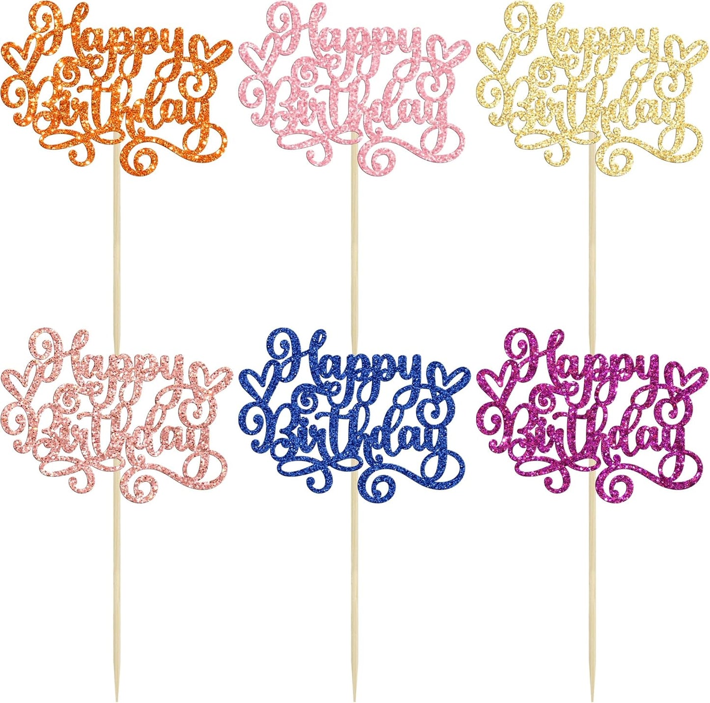 Gyufise 24Pcs Happy Birthday Cupcake Toppers Glitter Happy Birthday Cupcake Picks for Celebrating Happy Birthday Anniversary Theme Party Cake Decorations Supplies Orange Pink Blue