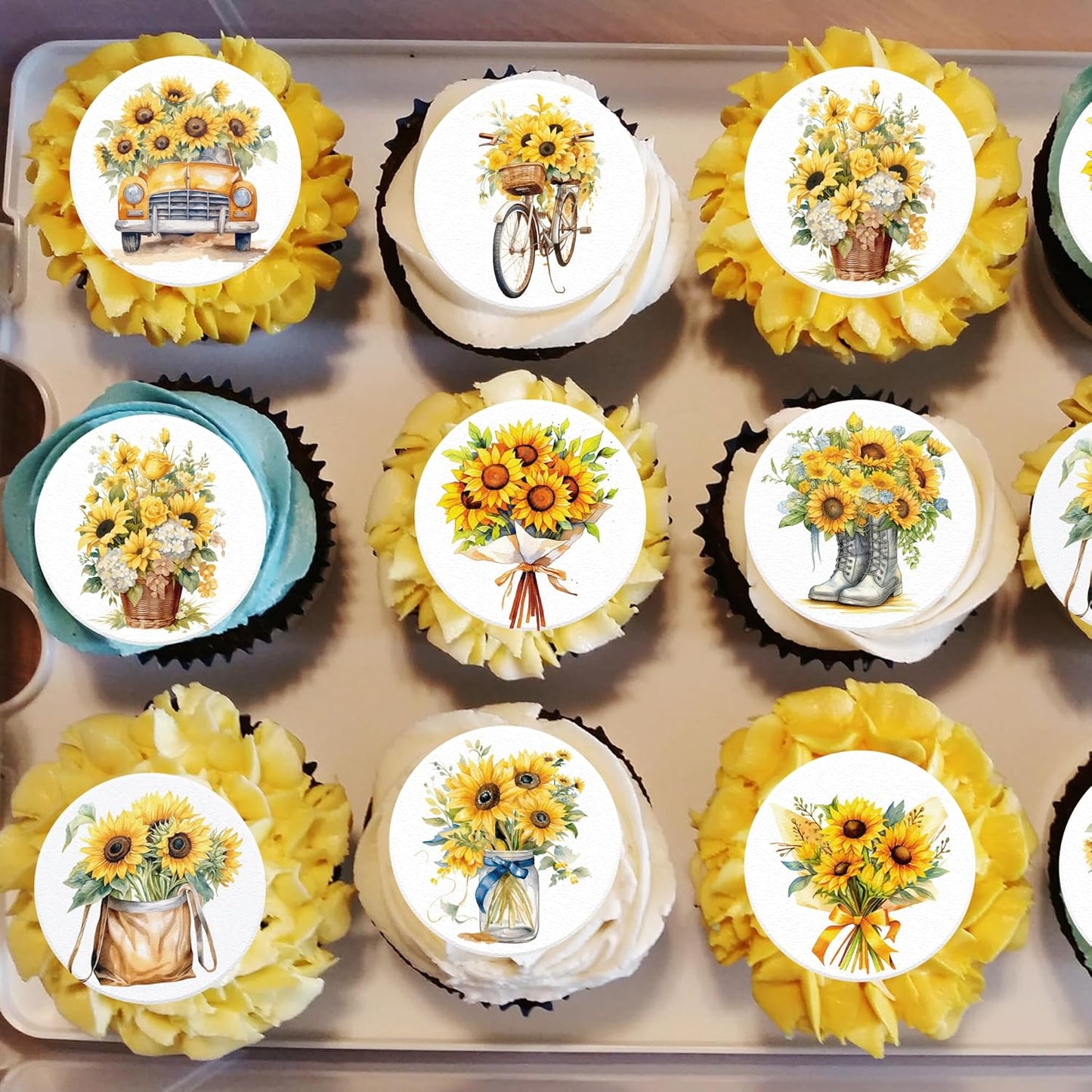 36 Pack Edible Sunflowers Cupcake Toppers Wafer Paper Floiwers Cupcake Picks Edible Yellow Sun Flower Cake Decor for Sunflower Theme Party Wedding Baby Shower Birthday Supplies (Round)
