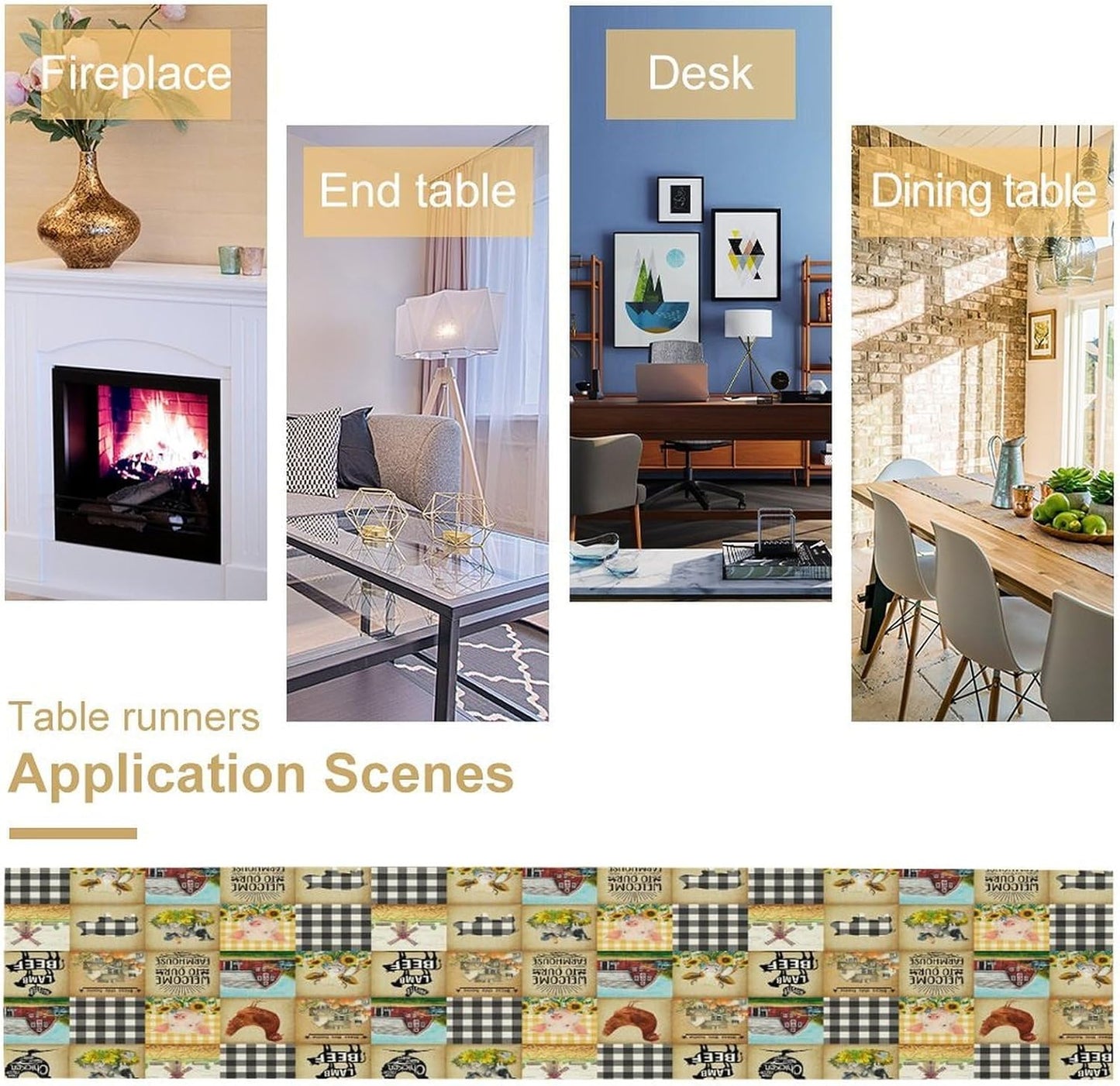 Farmhouse Animals Table Runner,Rustic Cabin Pig Chicken Cow Sunflowers Geometric Grids Burlap for Hotel Indoors Outdoor Dining Room Kitchen Holiday Party, 13x60in