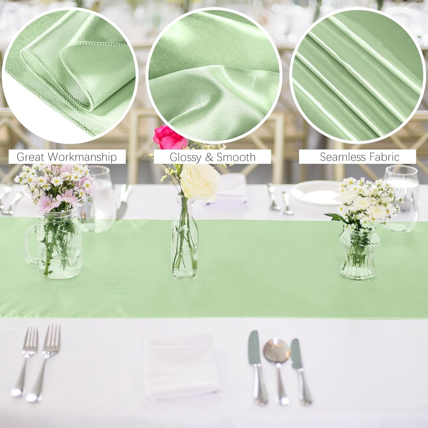 Aneco 12 Pack Satin Table Runner 12 x 108 Inch Sage Green Long Wedding Satin Silk Spring Table Runner for Wedding Banquet Graduations Birthday Party Decoration