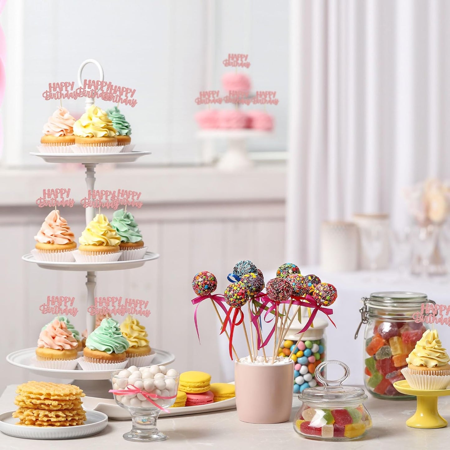 Gyufise 24Pcs Happy Birthday Cupcake Toppers Rose Gold Glitter Birthday Cake Picks for Celebrating Birthday Party Baby Shower Party Decorations Supplies