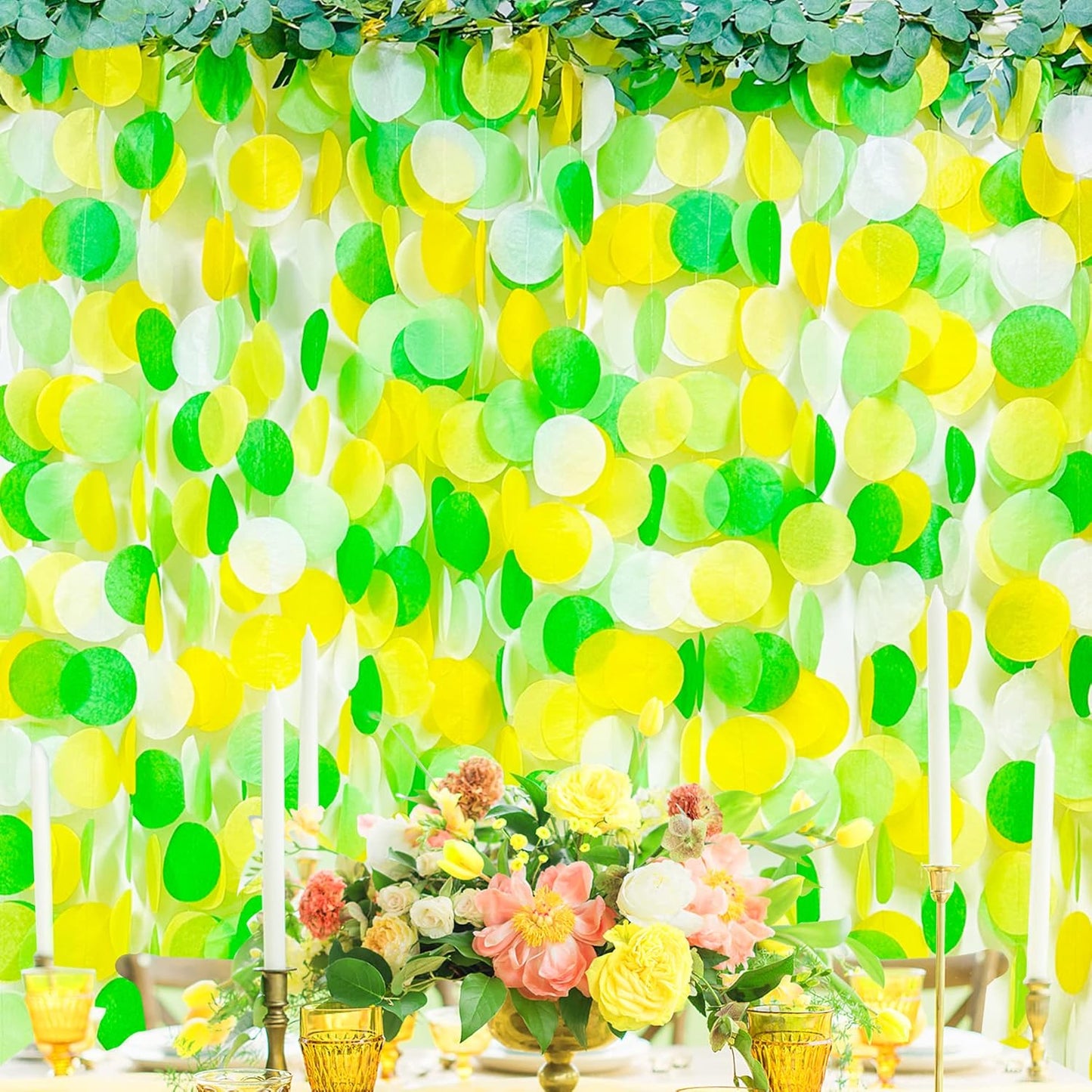 192Ft Yellow and Green Party Decorations Big Circle Dot Backdrop Garland Tissue Paper Polka Dots Hanging Curtain Streamer for Spring Summer Birthday Engagement Wedding Bridal Shower Tea Party Supplies