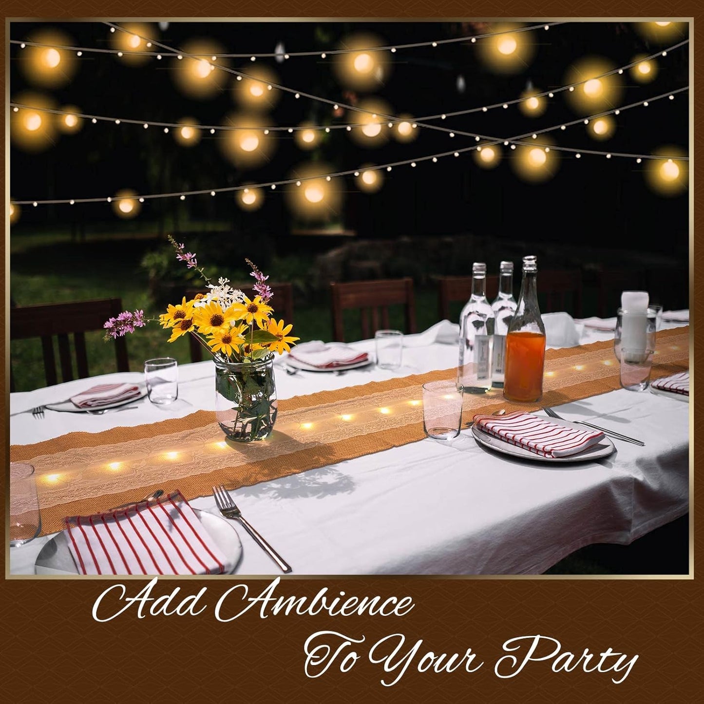 Burlap Table Runner with LED String Lights Rustic 12" x 108" Christmas Tablecloth Lighted Table Runner Farmhouse Decor for Wedding Bridal Shower Xmas Holiday (Pack of 2)