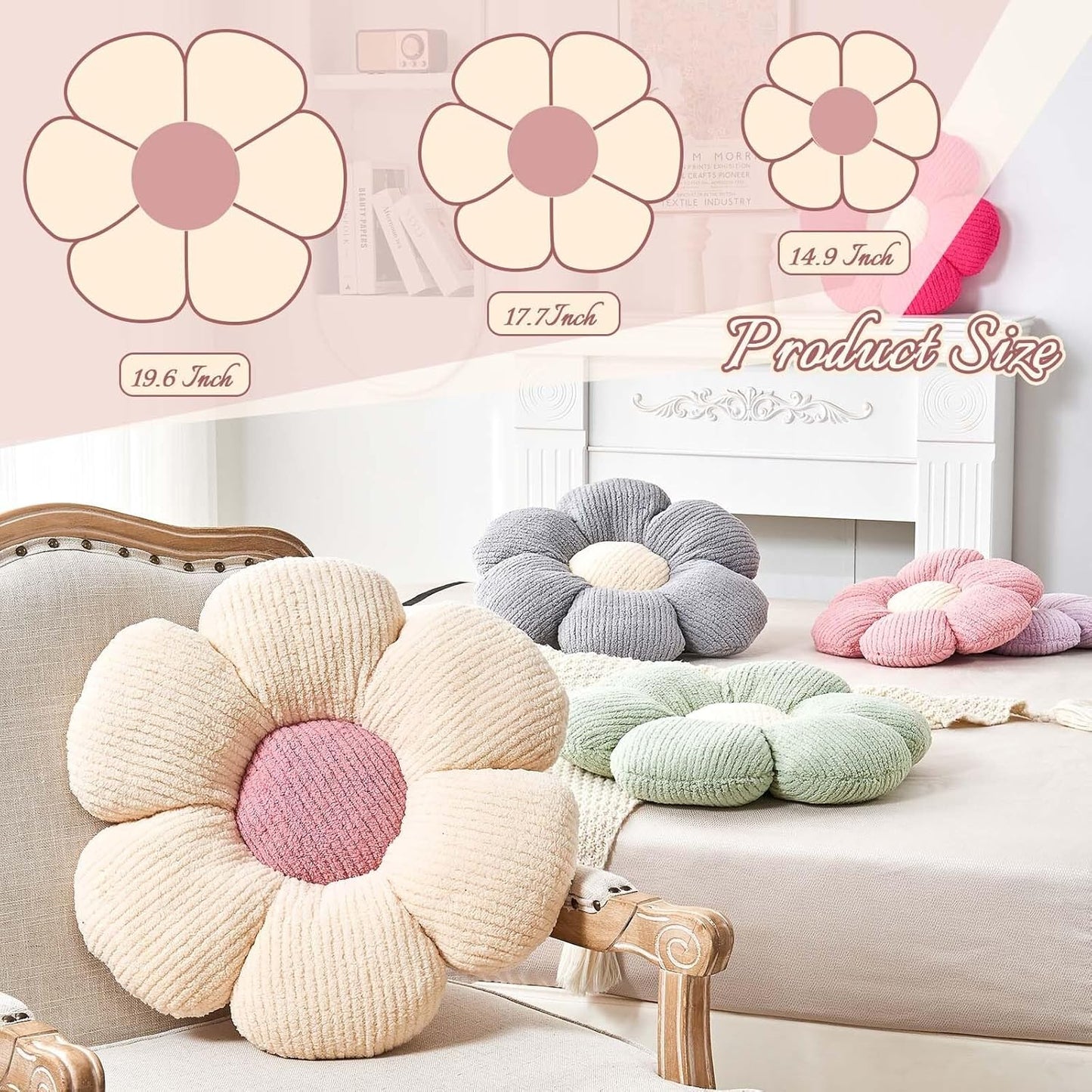 Flower Throw Pillow, Soft Pink 19.6" Shaped Floor Pillow for Home Decor, Cute Aesthetic Plush Decorative Pillows for Bed, Sofa, Couch
