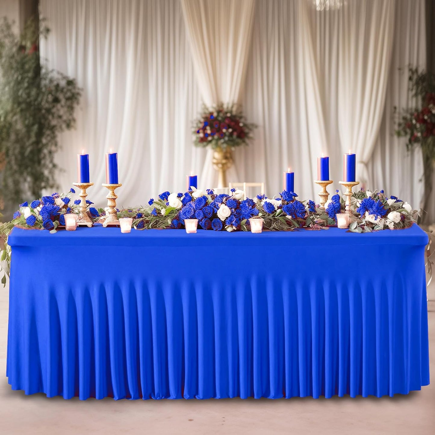 Wish Care 2 Pack Royal Blue Spandex Table Clothes for 4 Foot Rectangle Tables, 4FT Wrinkle Free Fitted Tablecloths Ruffles Design Table Cloth for Party, Banquet, Wedding and Events