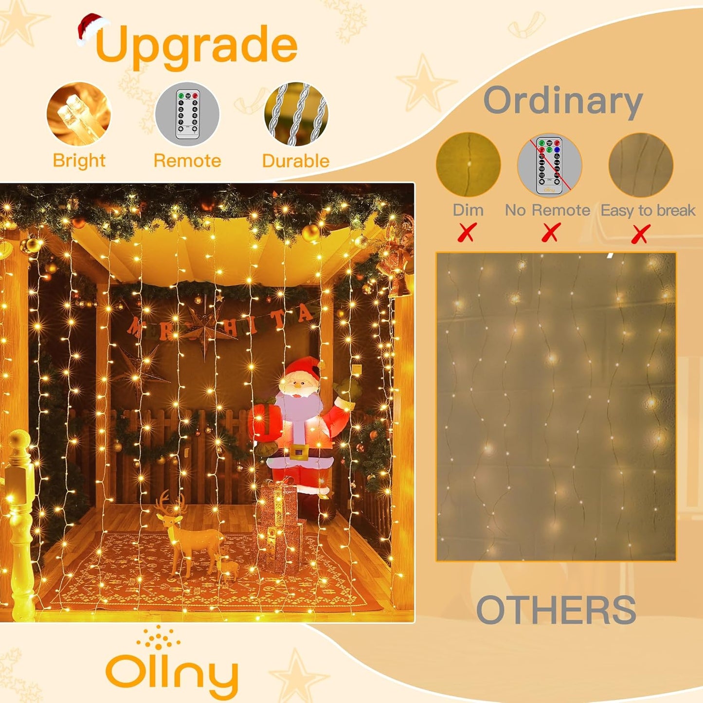 Ollny Curtain Lights 6.6x6.6ft, 200 LED String Lights with Remote 8 Modes Dimmable Timer, USB Power Fairy Light for Bedroom Backdrop Indoor Wall Window Wedding Decor, Warm White