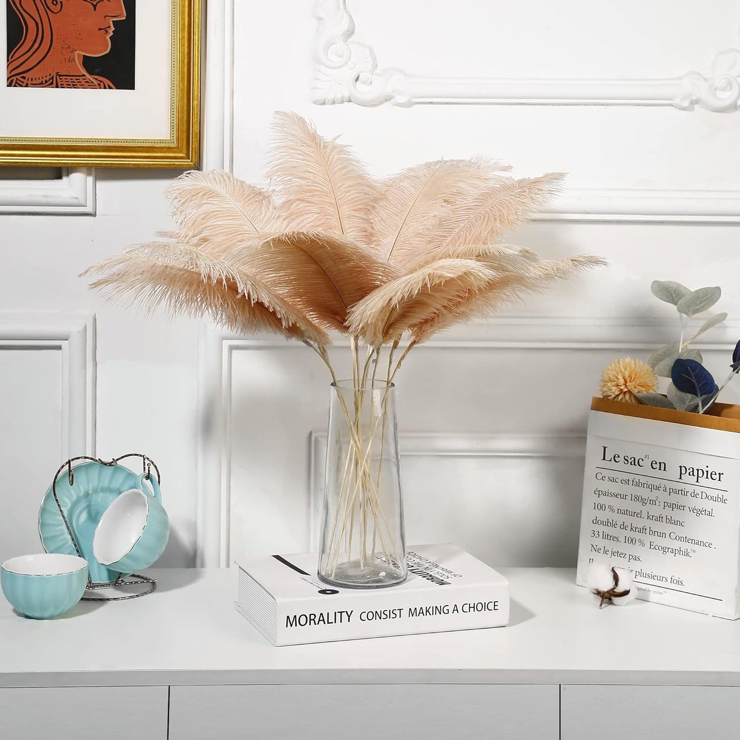 Holmgren Champagne Large Ostrich Feathers - 20pcs Making Kit 22 Inch Boho Feather Decor for Vase, Floral Arrangement, Wedding Party Centerpieces Home Decorations（Champagne）