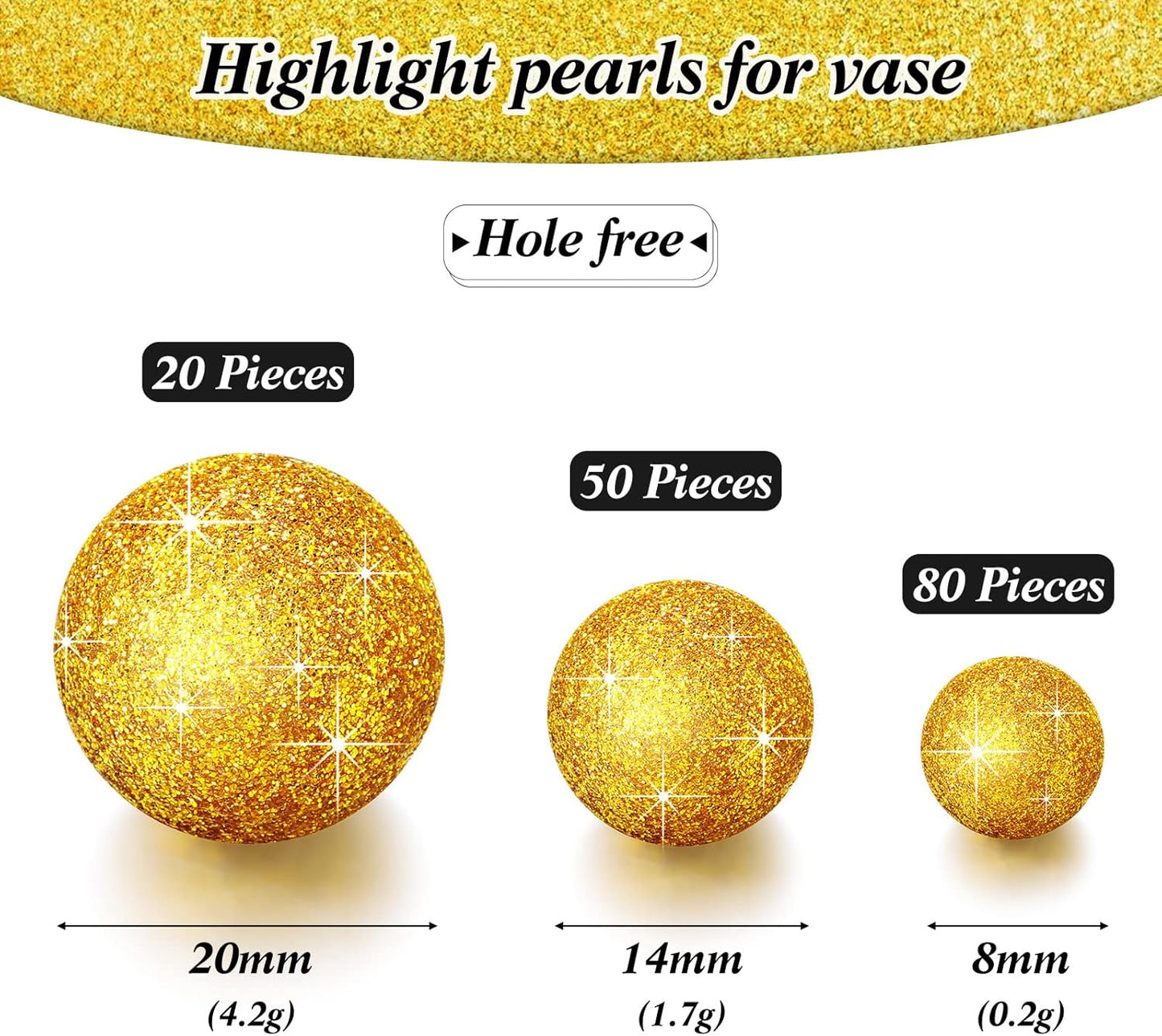 150 Pieces Vase Filler Faux Pearls Vase Makeup Beads No Hole Gloss Bead Mixed Sizes Round Pearl for Home Party Wedding Decor, 8/14/20 mm(Glitter Gold)
