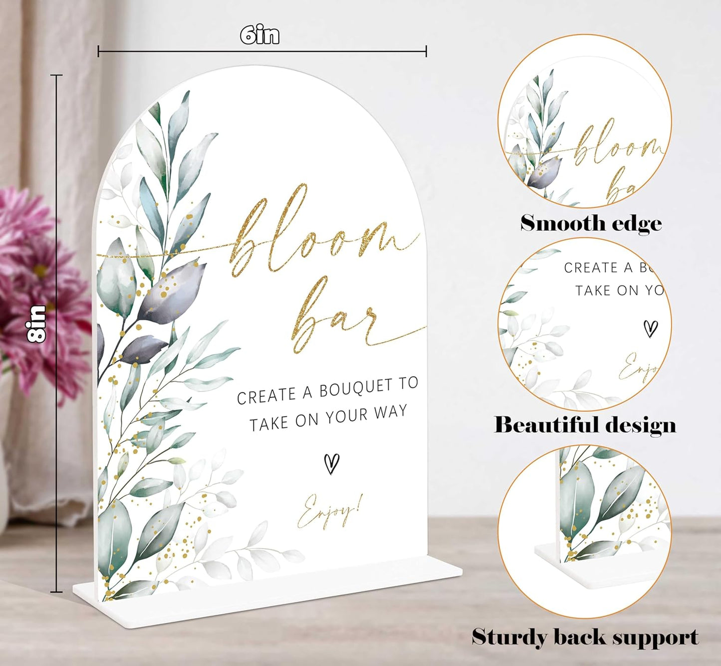 Acrylic Wedding Signs, Greenery Theme Bloom Bar Sign, Wedding Reception Signage, Bridal Shower Table Decor with Stand, Bloom Bar Supplies for Engagement, Anniversary, Newlywed Events and Parties, 01