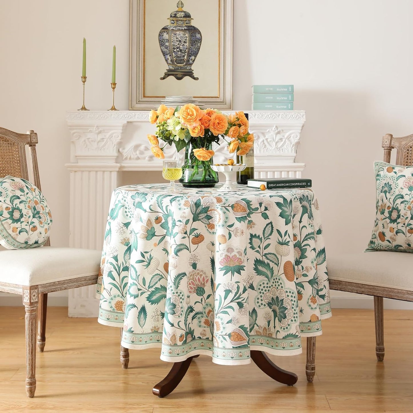 patdrea Designer Green French Table Cloth for Round Table,Vintage Italian Floral Country Linen Breathable Tablecloth,Cover for Kitchen Dining,Christmas,Thanksgiving,Diameter 67"-Tree Life