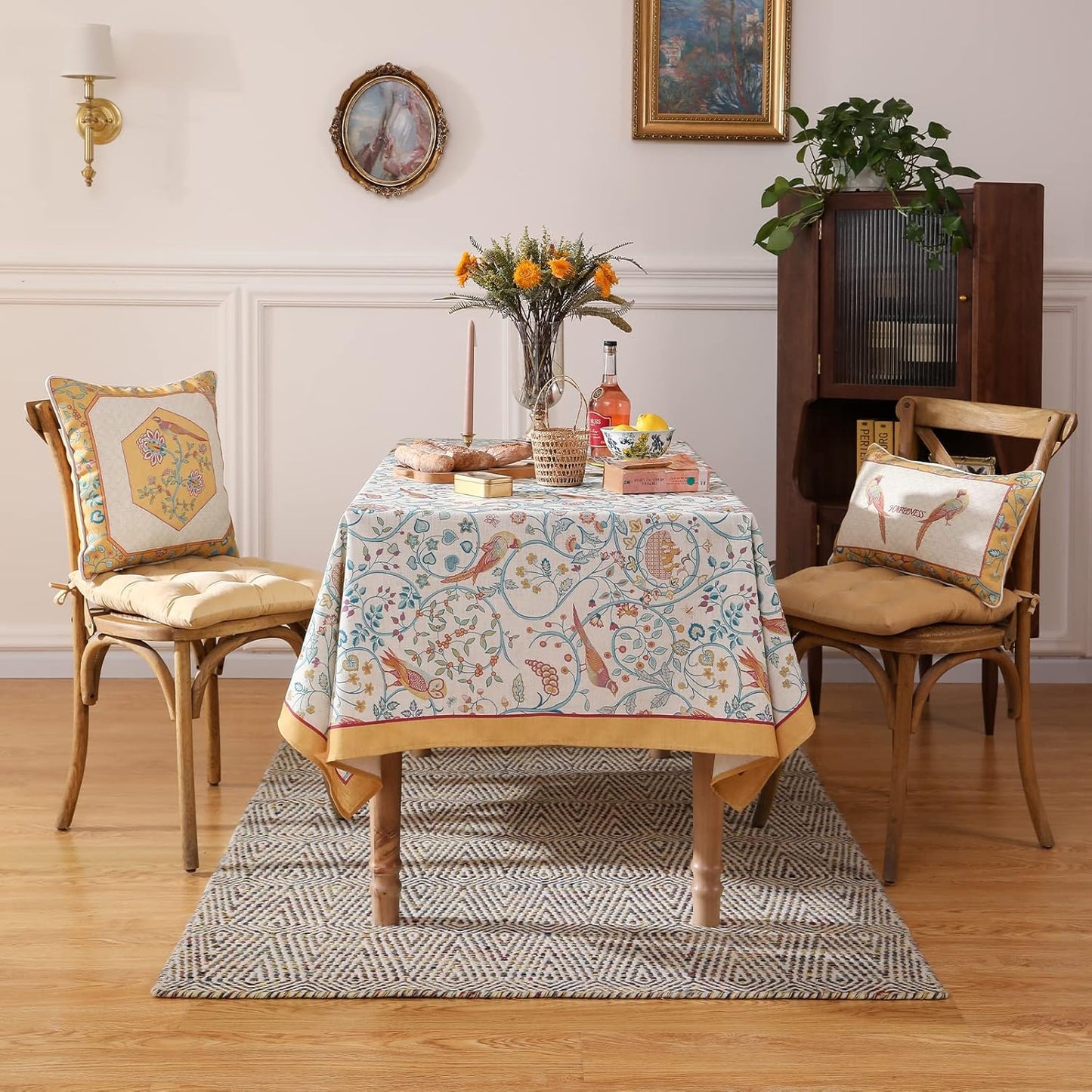 patdrea Designer Vintage Long Rectangular Tablecloth,French Floral Birds Pattern Linen Table Cloth,Yellow Decorative Cover for Kitchen Dining Banquet,Christmas,Thanksgiving,63"x102"-Magnolia