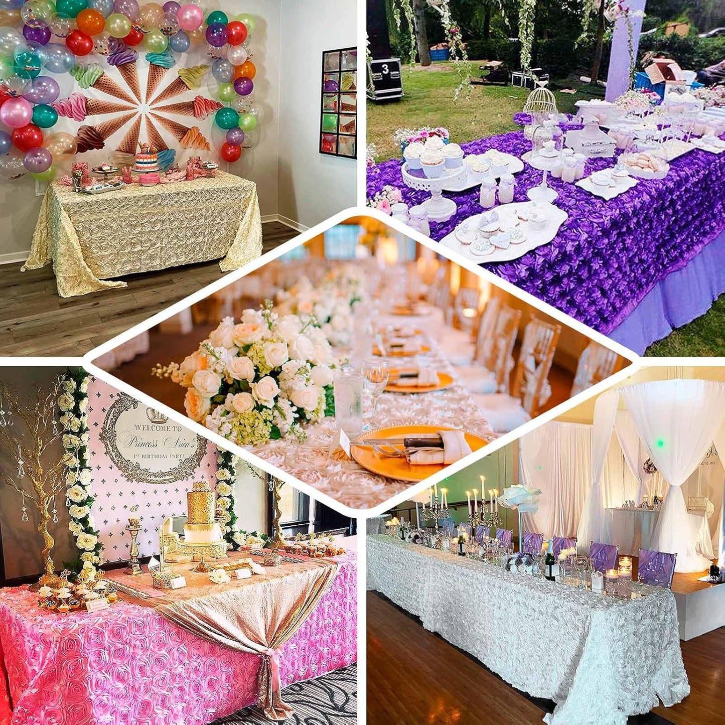 Efavormart 90"x132" Wholesale Rectangle Table Cover Fushia Grandiose Rosette 3D Satin Tablecloth for Wedding Party Event