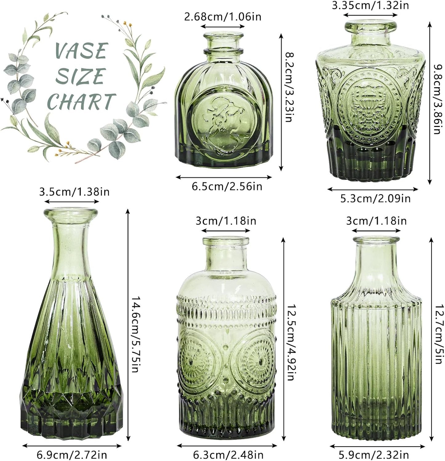 Glass Bud Vase Set of 5, Green Small Flower Vases for Centerpieces in Bulk, Mini Vintage Vase for Rustic Wedding, Home,Table Decoration