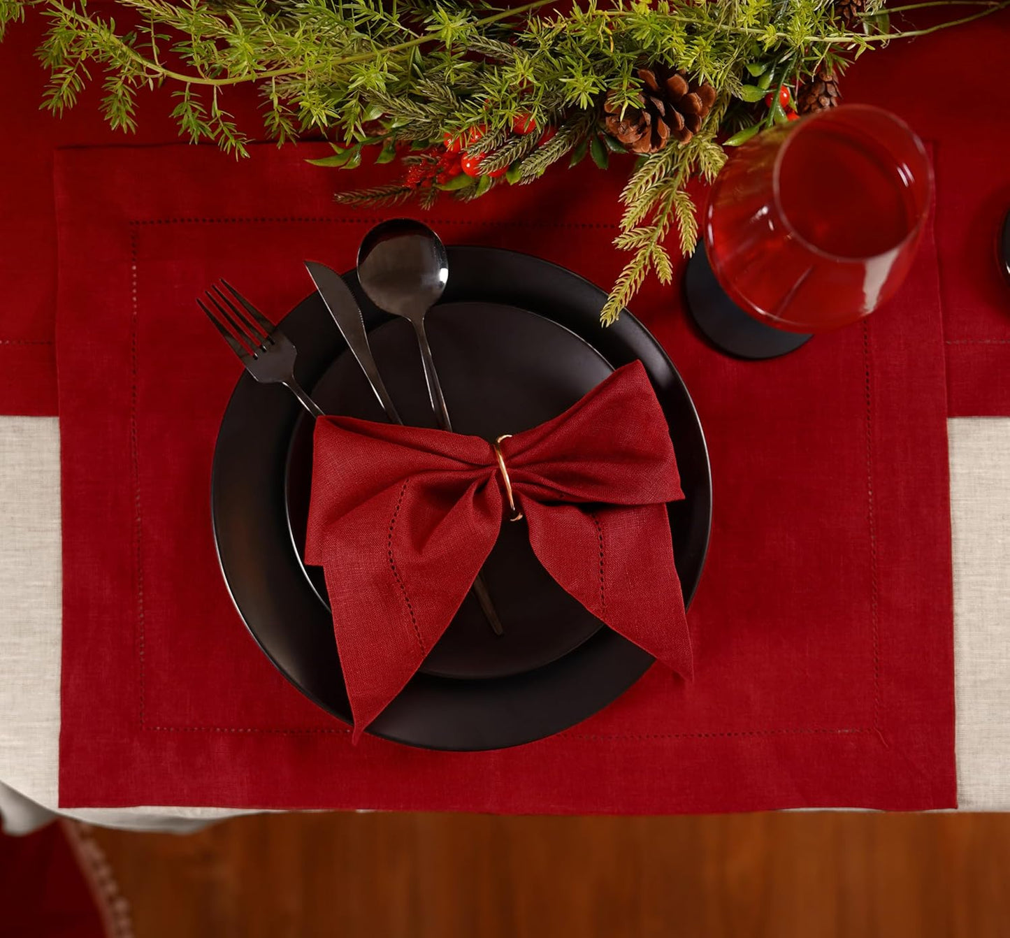 100% Pure Linen Red Napkins 20 x 20 Inch - Hemstitch Christmas Dinner Napkins Set of 4 - Cloth Fabric Napkins for Thanksgiving, Winter, New Year - Elara