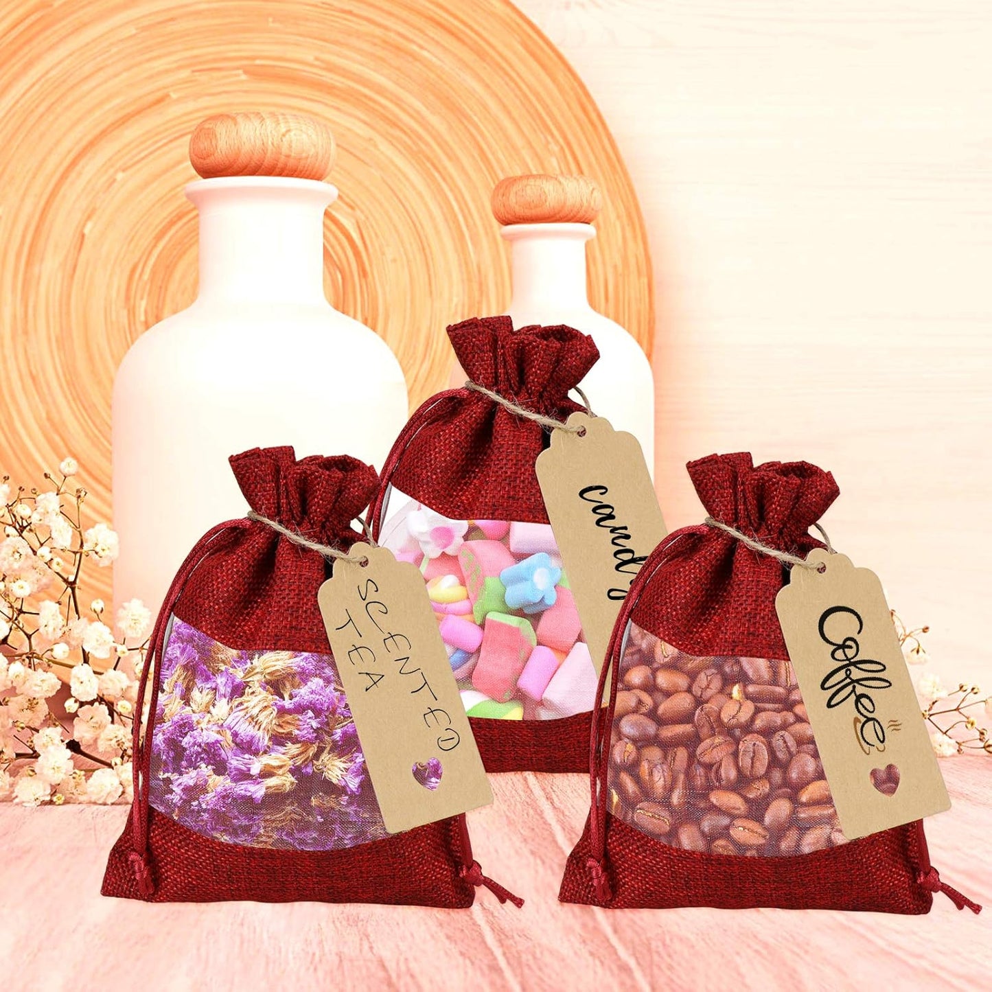 GIOIPC 50Pcs 5 x 7 Inch Linen Burlap Sheer Bags with Drawstring and Bonus Gift Tags for Wedding Birthday Bag,Craft Bags,Cosmetic Samples