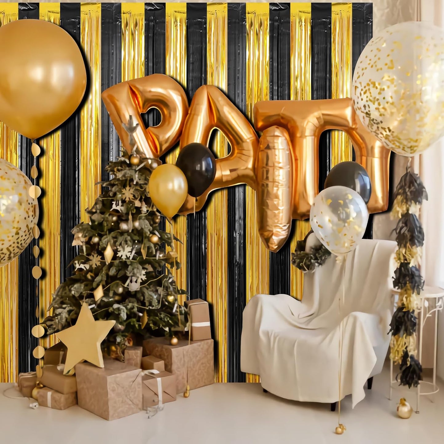 Crosize 2 Pack 3.3 x 9.9 ft Gold and Black Foil Fringe Curtains Party Decorations, Gold Tinsel Curtain Backdrop for Parties, Door Streamers, Glitter Streamer Fringe Backdrop for Birthday Decoration