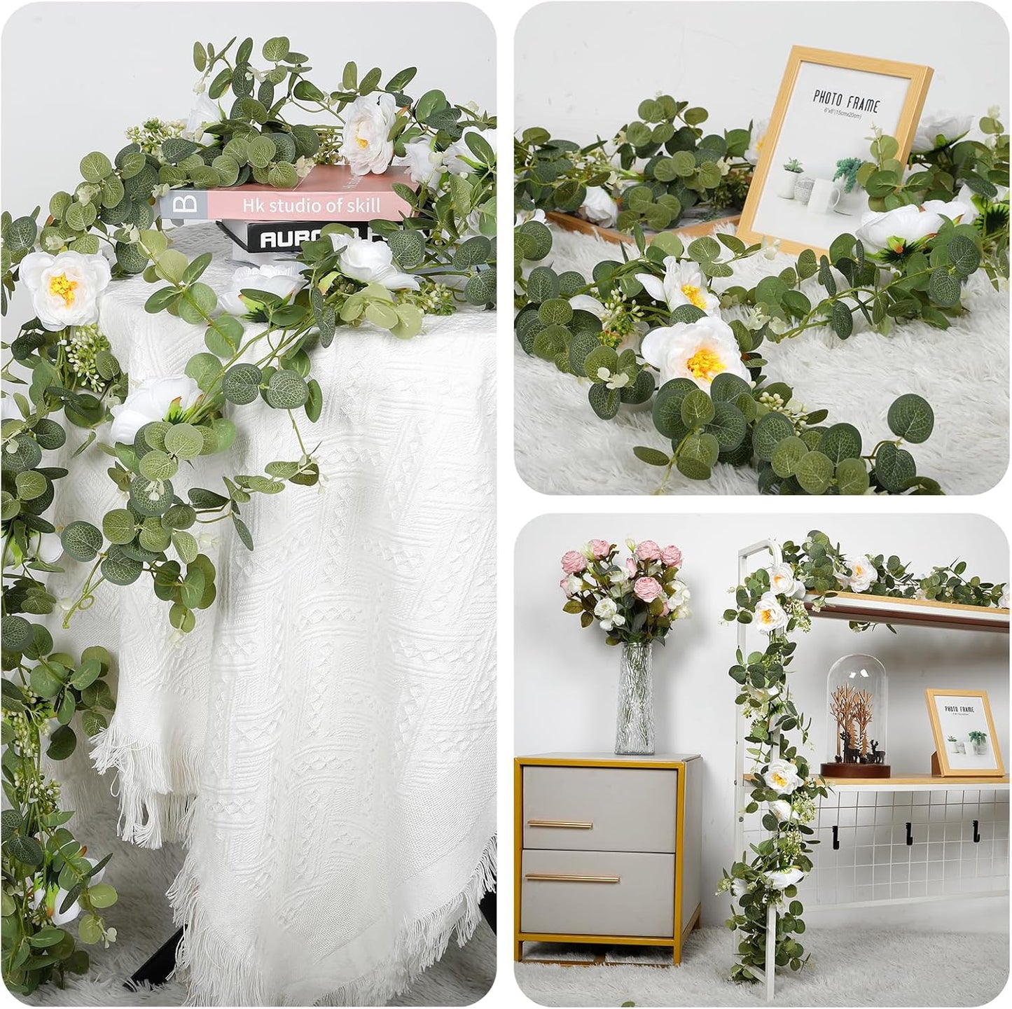 2 Pcs Total13Ft Eucalyptus Flower Garland with Fake Rose Flower, Artificial Fake Flowers Greenery Garland Floral Vines for Decoration Party Wedding Table Indoor Outdoor Backdrop Wall Decor(White)