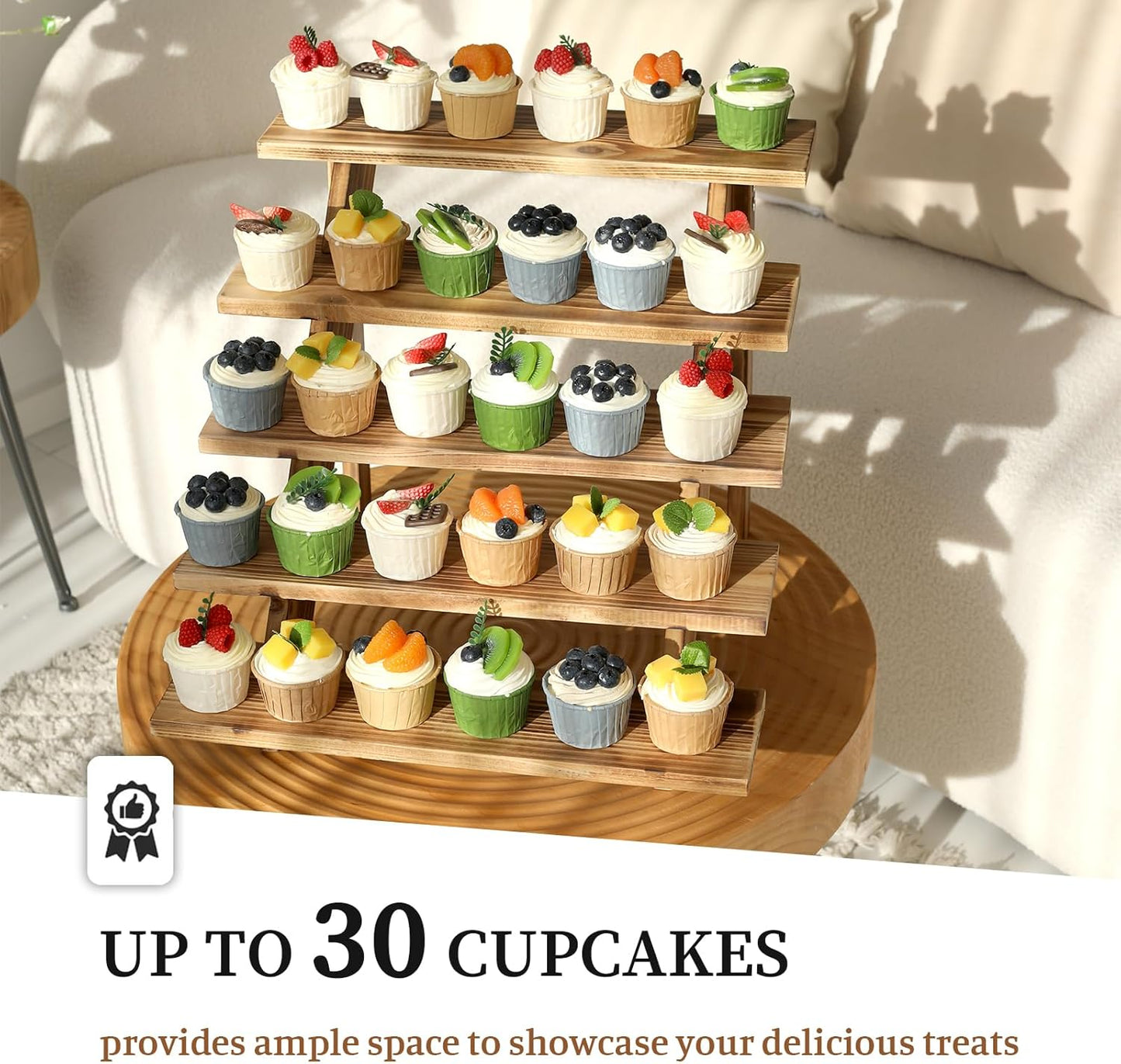 SwallowLiving 5 Tier Wooden Rustic Cupcake Stand for 30 Cupcakes, Stepped Wood Display Stand for Weddings, Tiered Party Table Display Riser for Food , Dessert, Cookie, Decor, Craft Show, Burnt