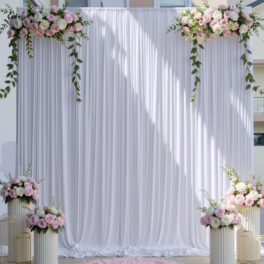 10×14 ft Wrinkle Free White Backdrop Curtain for Wedding Parties, 2 Panels 5×14ft Height Silky Polyester Photo Backdrop Drapes for Parties Birthday Baby Shower Photography Background Cloth