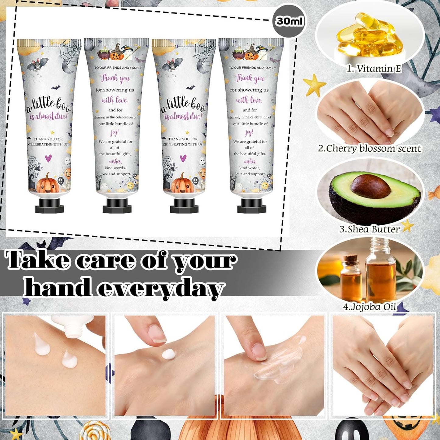 50 Sets 200 Pcs Baby Shower Hand Lotion and Lip Balm Gift Theme Baby Shower Party Favors Travel Size Hand Lotion and Lip Balm Bulk with Organza Bags Tags(Halloween Little Boo)