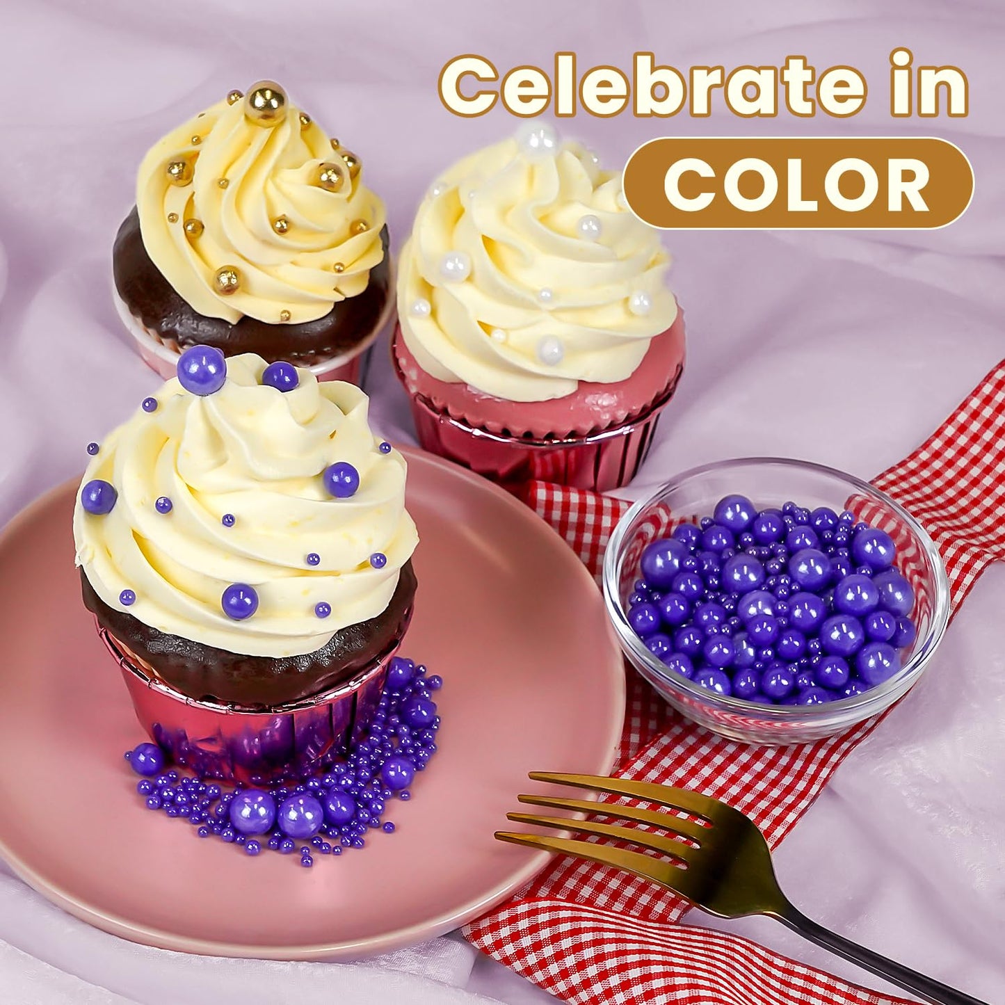 Edible Purple Pearl Sprinkles, Pearl Sugar Sprinkles, Edible Pearls for Cake Decorating, Cupcake Toppers, 180g/6.35oz, Mix Size, Cookie Decoration, Wedding Party Halloween Supplies