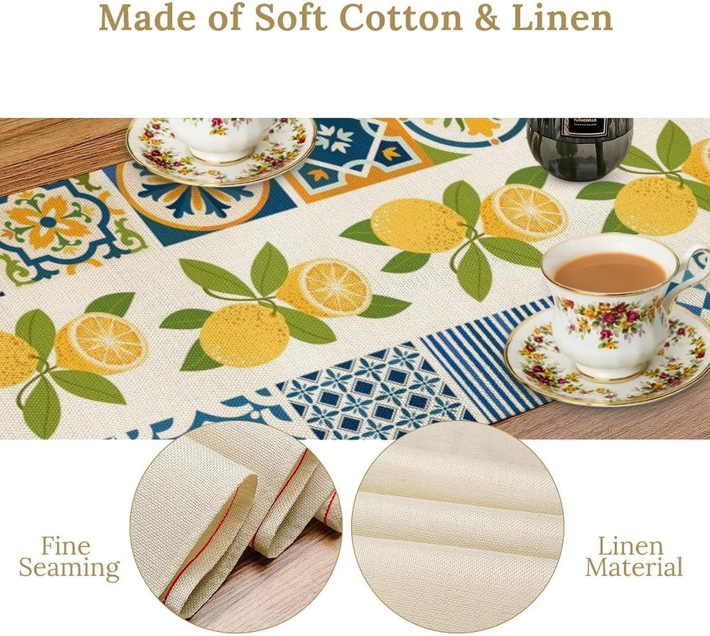 Lemon Table Runner,Watercolor Blue Fruits Green Leaves Print Table Cloth Kitchen Dining Table Home Party Decoration 13x72 Inch