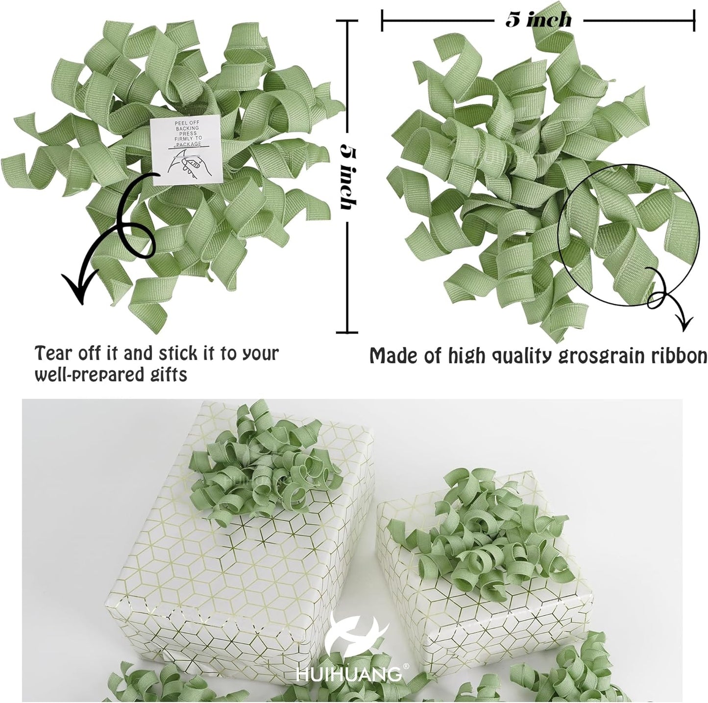 HUIHUANG Sage Green Bows for Gift Wrapping, Sage Curly Ribbon Bows Self Adhesive Burst Gift Bow for Presents, Wine Bottle, Treat Bags, Wrap Accessories, Bridal Shower Wedding Party Favor - 6 Counts