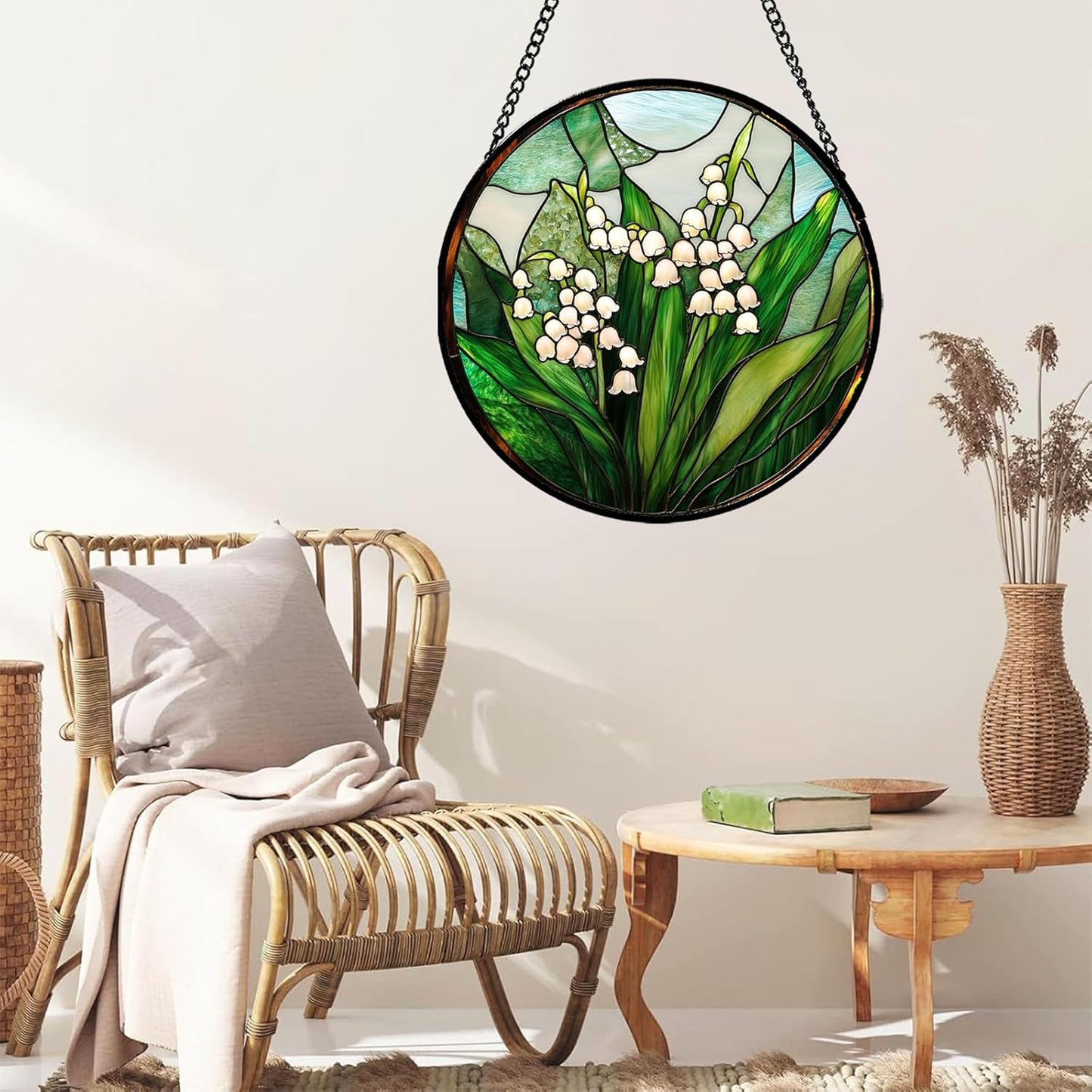 Stained Glass Window Hanging - White Green Lily of The Valley Suncatcher for Doors Garden Terrace Plant Sun Catchers Decor Mother's Day Birthday Flowers Gifts for Women Men Mom 11.8 in