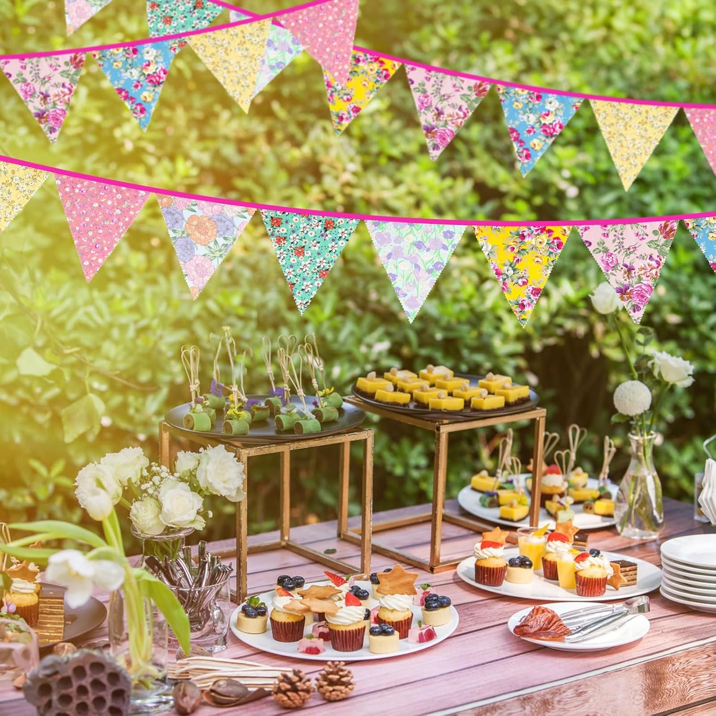 jijAcraft 39Ft Triangle Bunting Banner, 42Pcs Tea Floral Party Bunting Cotton Fabric Flags Pennant Garlands for Birthday Party, Wedding, Baby Shower, Outdoor and Home Decorations (Floral)