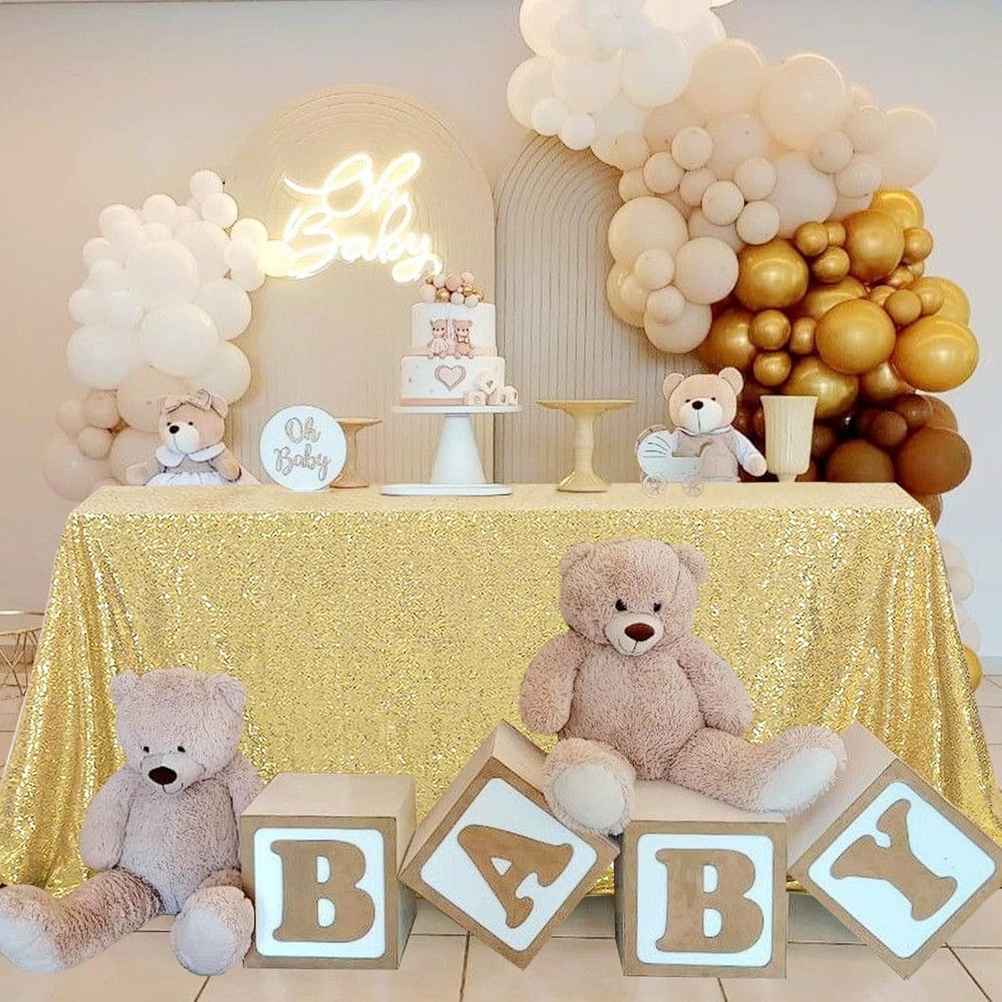 OQSQ Gold Sequin Tablecloth 50x80 inch, Glitter Drape Table Cloth, Sparkle Sequence Table Overlays for Thanksgiving Day Wedding Birthday Party Baby Bridal Shower