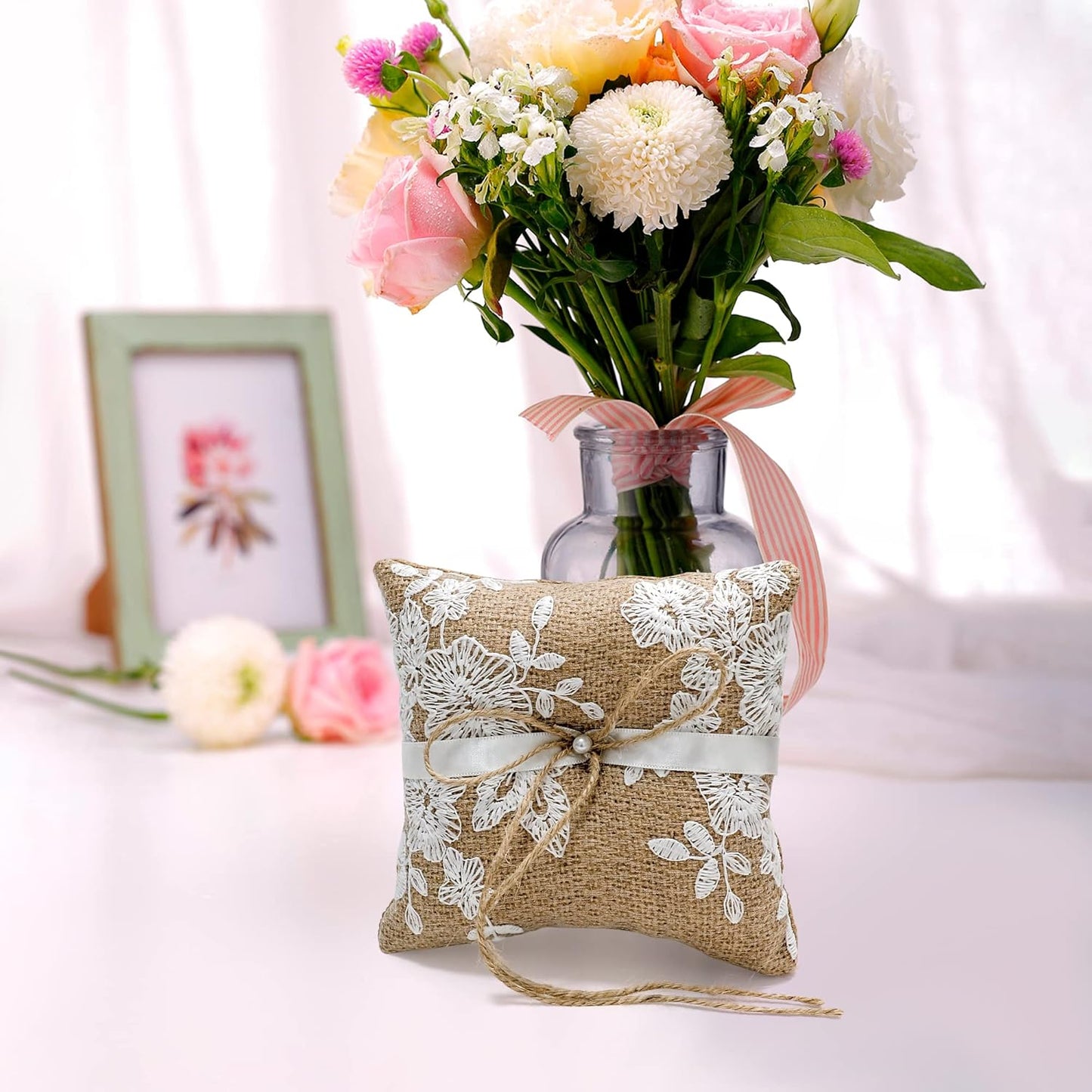 Ring Bearer Pillows Lace Bow Flower for Fall Wedding Ceremony with Vintage Rustic Lace Bow Pearl Embroidered Flower Ribbon (6 inch)