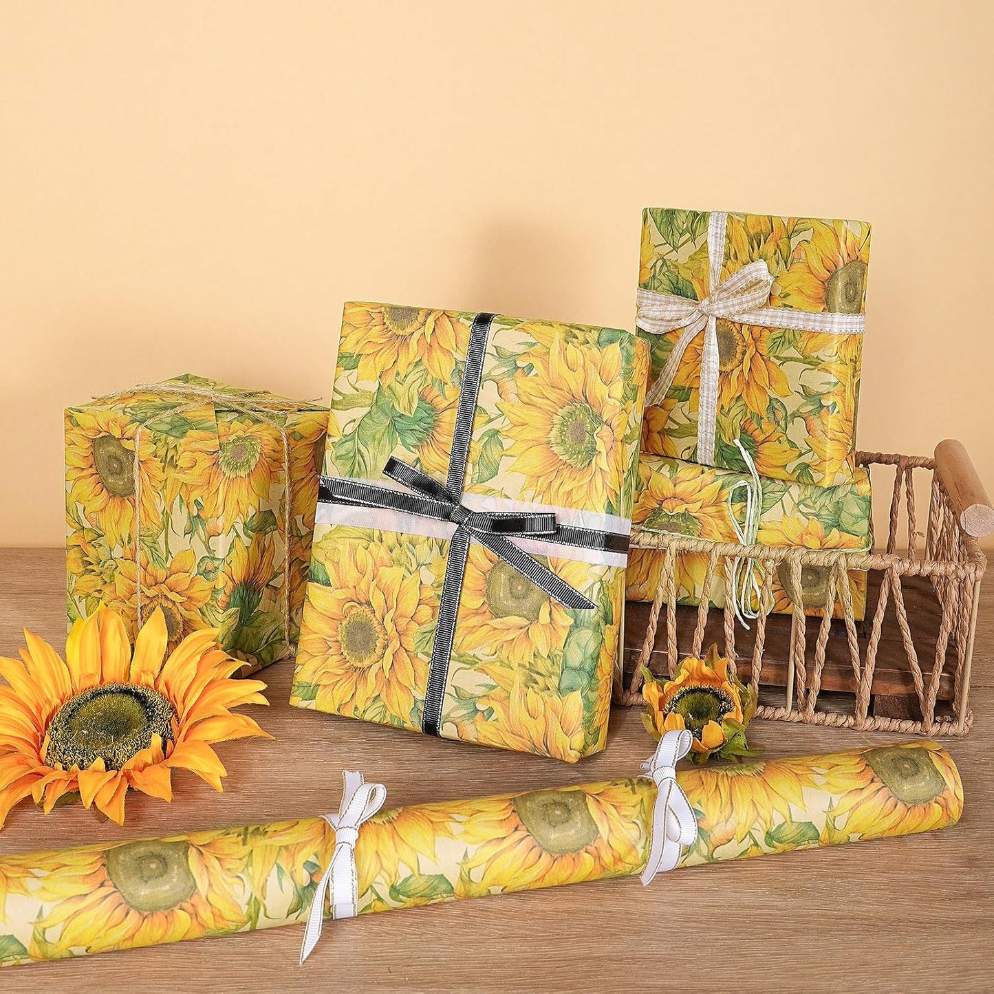 RUSPEPA Sunflower Wrapping Paper Roll for Women Girls, Mini Roll, Watercolor Sunflower Design, Fall Floral Kraft Gift Wrp Paper for Birthday, Thanksgiving, Autumn Gifts, 17 Inches x 16.4 Feet