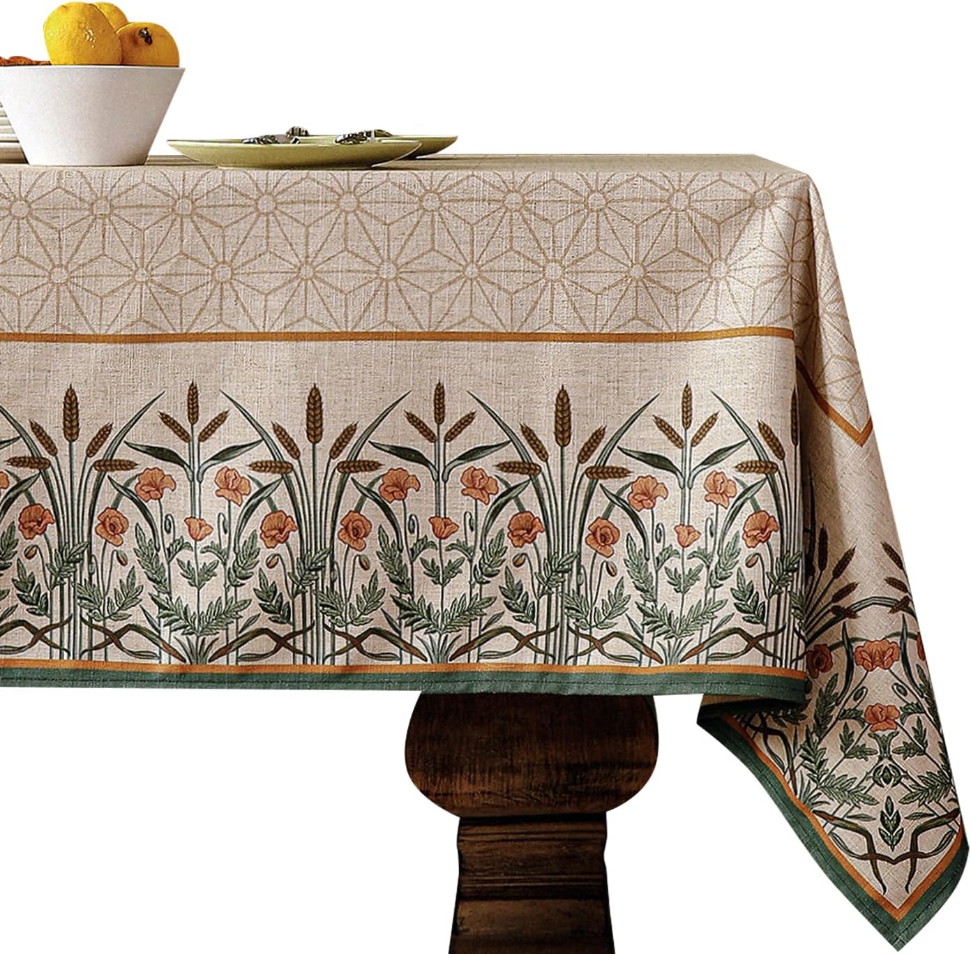 patdrea Designer Linen Vintage Long Table Cloth for Rectangle Table,Light Brown Durable French Floral Tablecloth,Decor Cover for Kitchen Dining,Christmas,Thanksgiving,Party,63"x94"-Cudillero