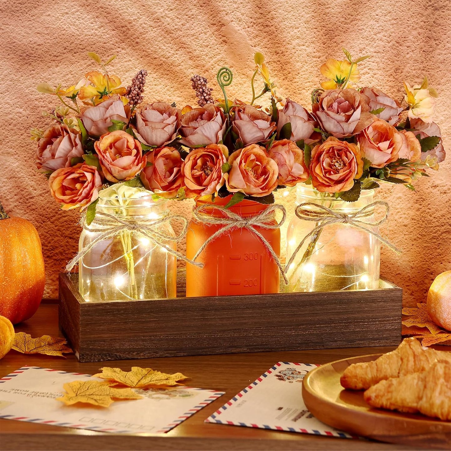 VAIPI Fall Decor Mason Jar Centerpiece Table Decorations with 3 Jar Flowers String Lights and Wooden Tray Fall Decorations for Home Dining Room Farmhouse Autumn Wedding Kitchen Living Room Bathroom