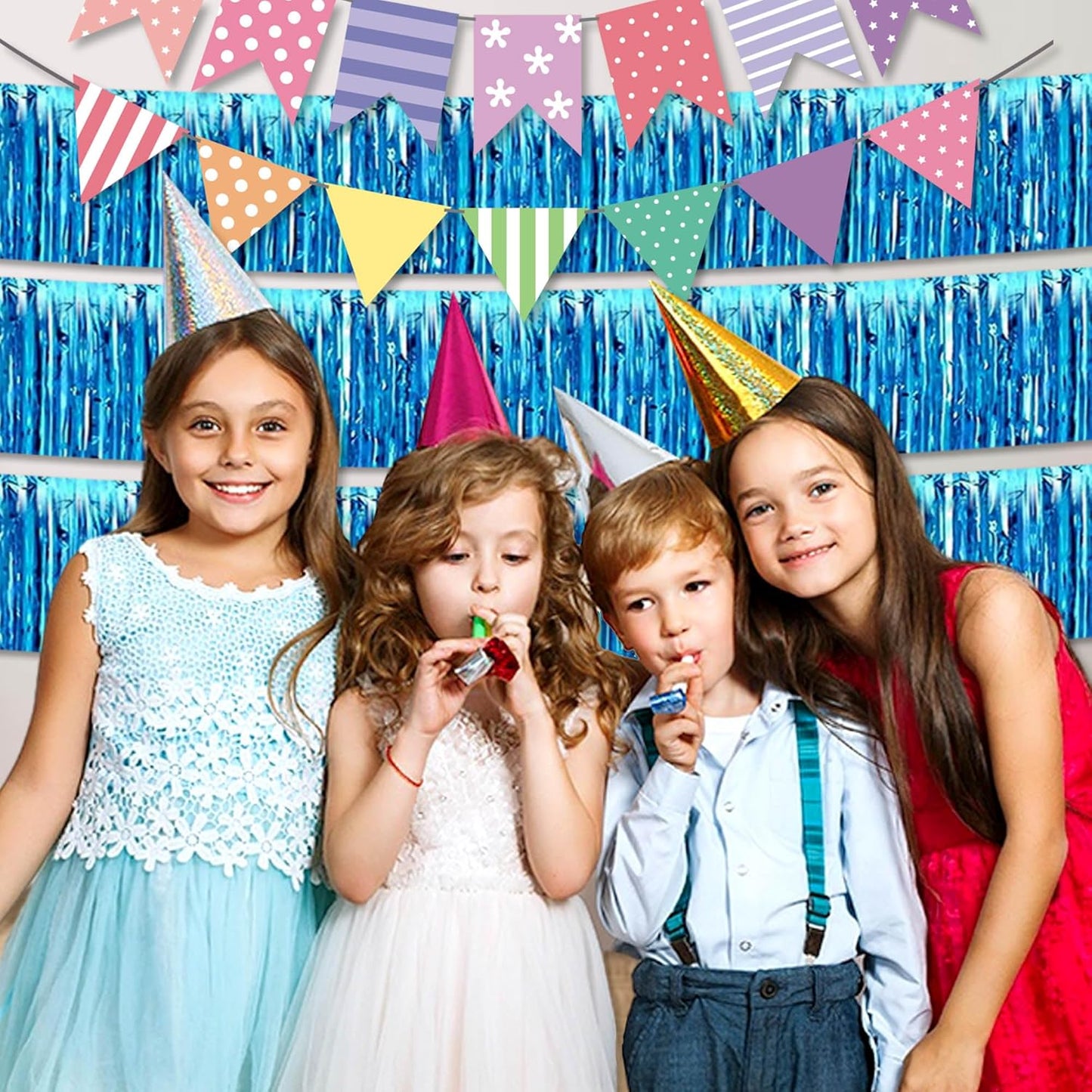 6 Pack 10 Ft Lake Blue Foil Fringe Garland Metallic Streamers Tinsel Banner Wall Hanging Garland Backdrop for Parade Floats, Halloween, Christmas, Thanksgiving, New Year Party Decorations