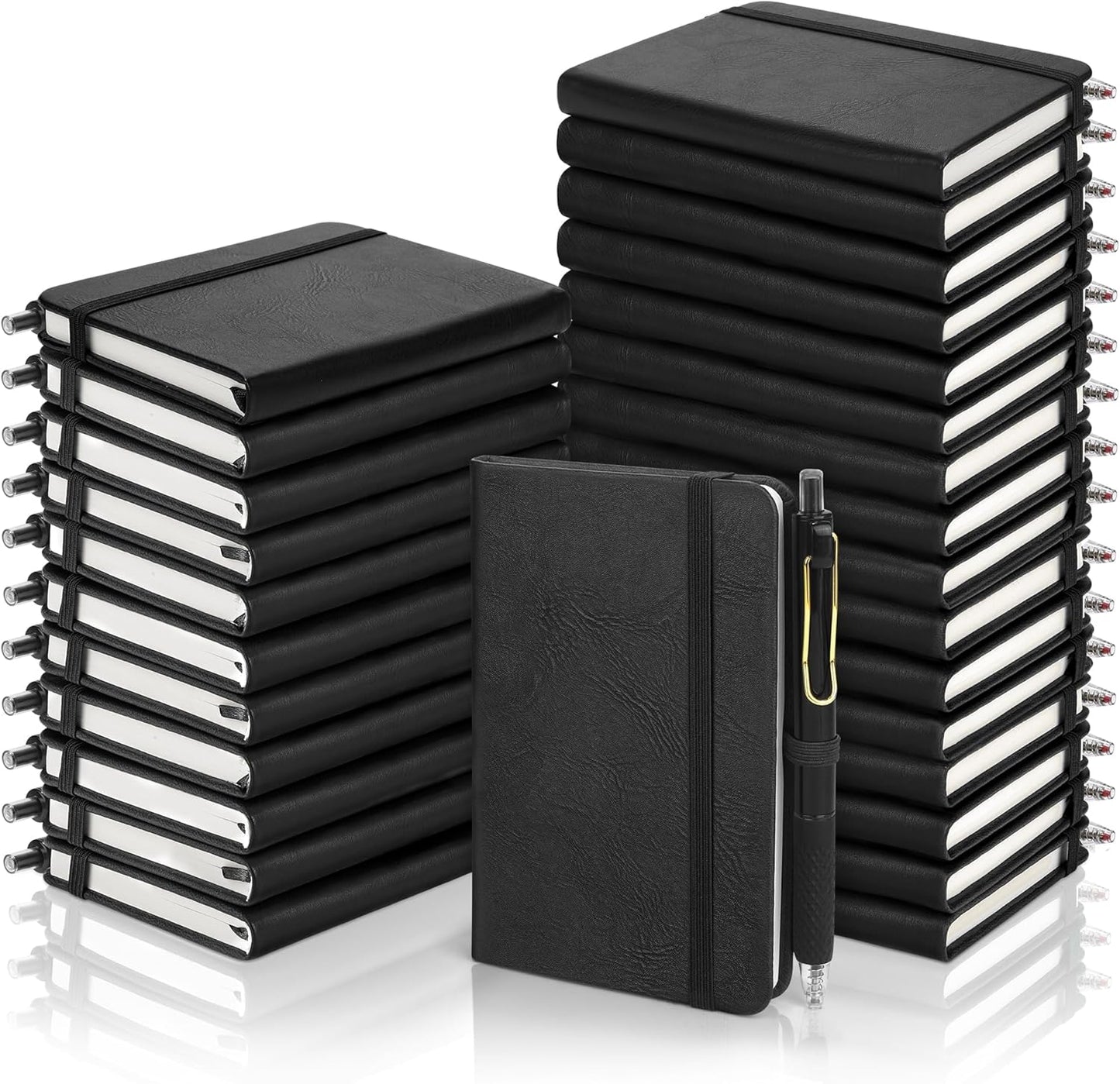 Aodaer 50 Sets Pocket Notebook Journal with Pens, 160 Pages, 3.5 x 5.5 Inch Mini Lined Journal Notebook A6 Leather Hardcover College Ruled Notepad with Pen Holder for School Office Gifts, Black