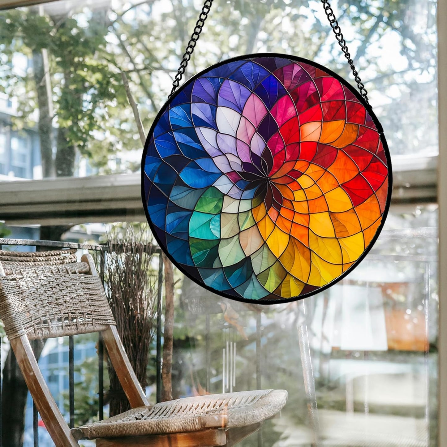 Stained Glass Window Hanging - Colorful Flowers Sun Catcher for Door Terrace Garden Home Decor, Abstract Gradient Suncatcher Birthday Gifts for Lovers Women Men Dad Mom Nana 15 in