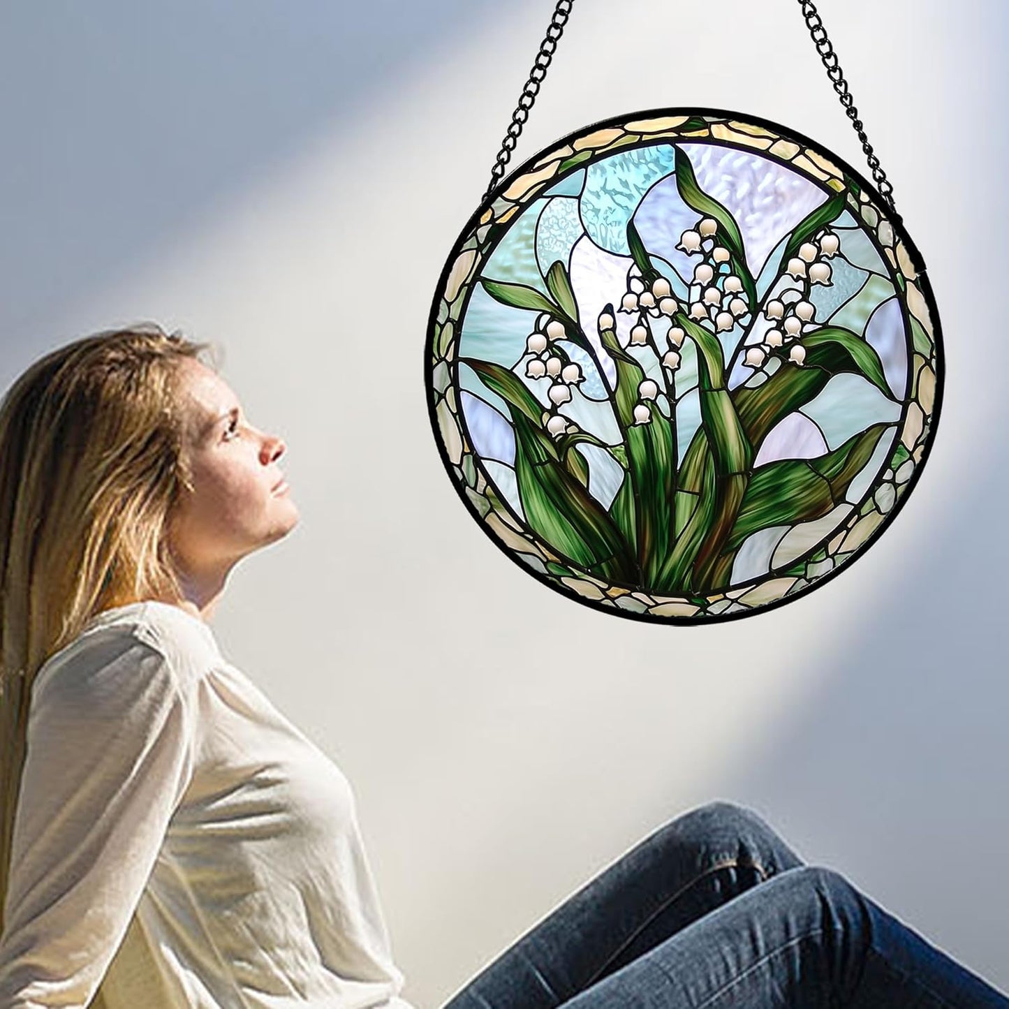Stained Glass Window Hanging, White Green Lily of The Walley Flowers Sun Catcher for Door Home Decor Plants Suncatcher Christmas Mother's Day Birthday Gifts for Women Men Mom Nana 7.8 in