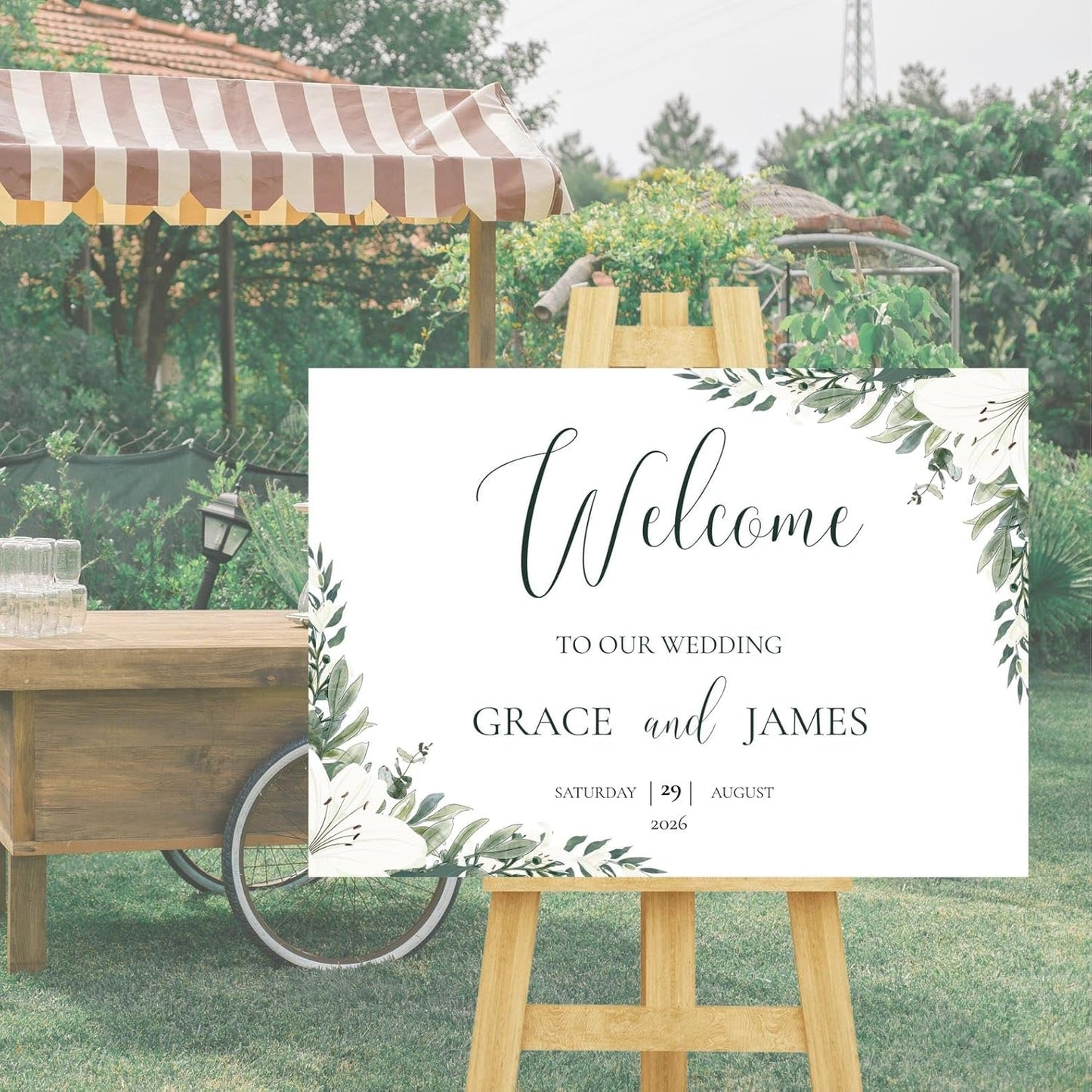 Welcome Wedding Signs, Elegant Greenery Eucalyptus Wedding Sign Decorations Signage 12" X 18" (Small), 27" (Medium), 36" (Large), Plastic, Modern, Pole Mount, Weather