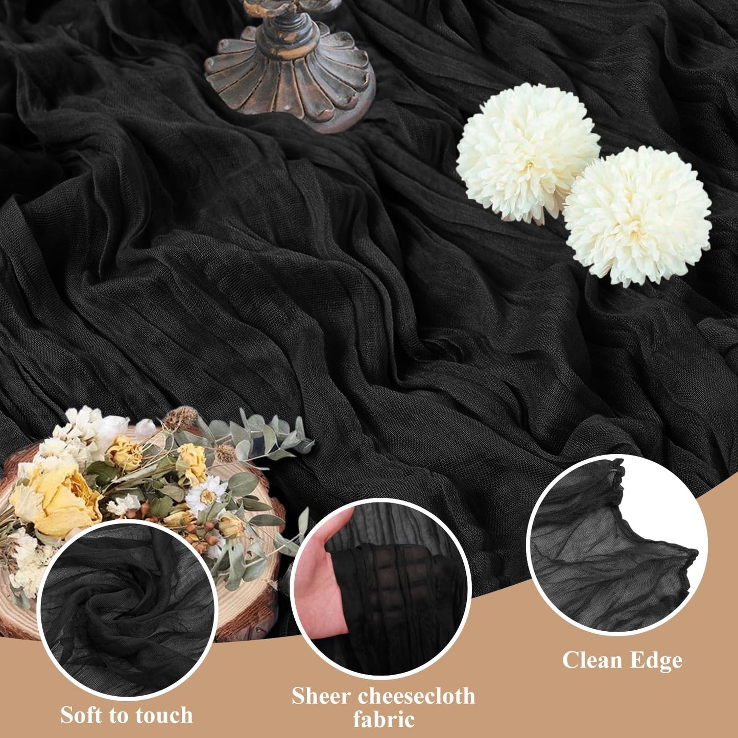 Asee'm Cheesecloth Table Runner 120 Inches Long Black Boho Gauze Cheese Cloth Runner 10FT Rustic Sheer Fall Table Runners for Thanksgiving Wedding Party Baby Shower Decoration