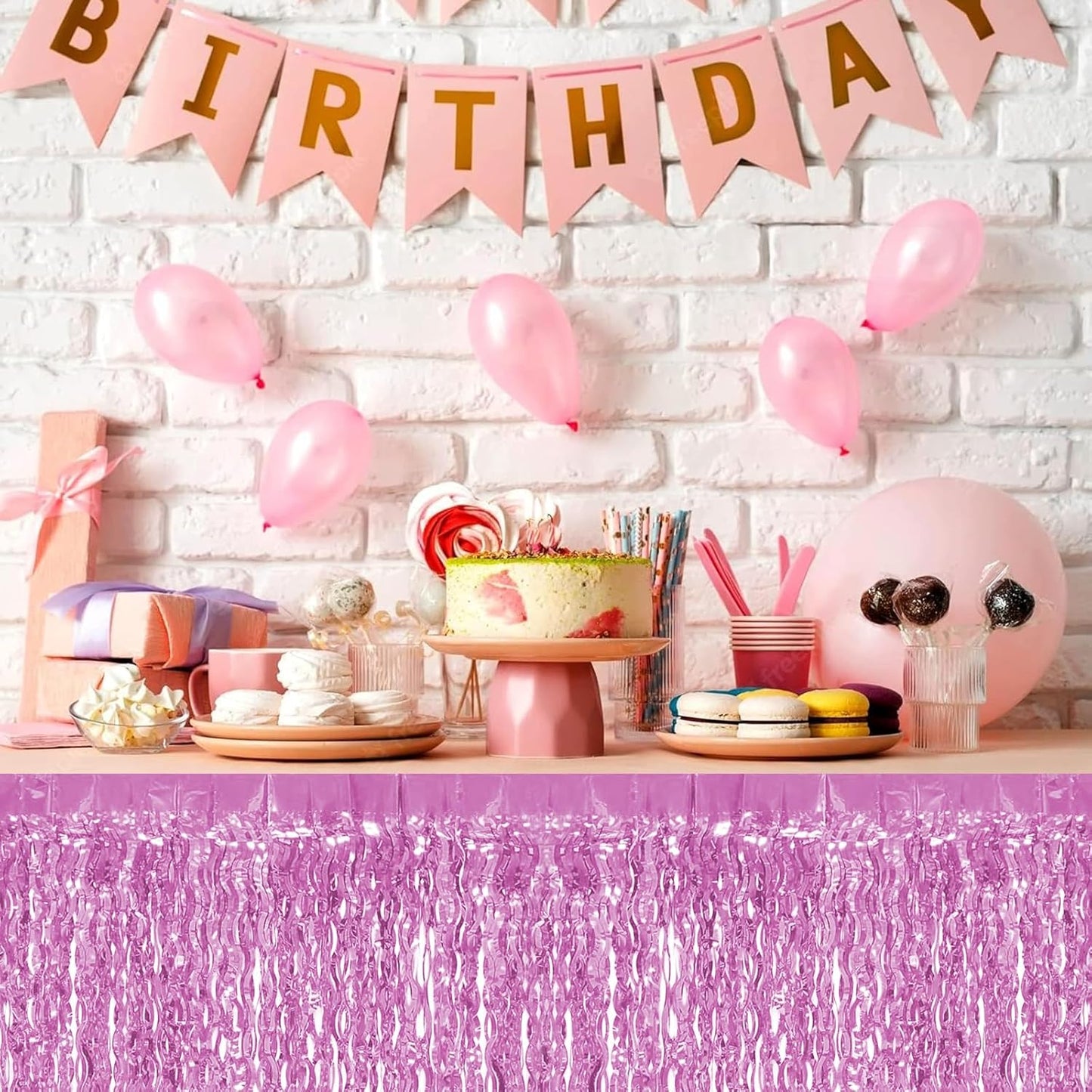 4P Wavy Metallic Tinsel Foil Fringe Table Skirts for Rectangle Tables Backdrop Garland Curtains for Parade Floats Wedding Birthday Parties Decoration Graduation 2025 Christmas (Pink)