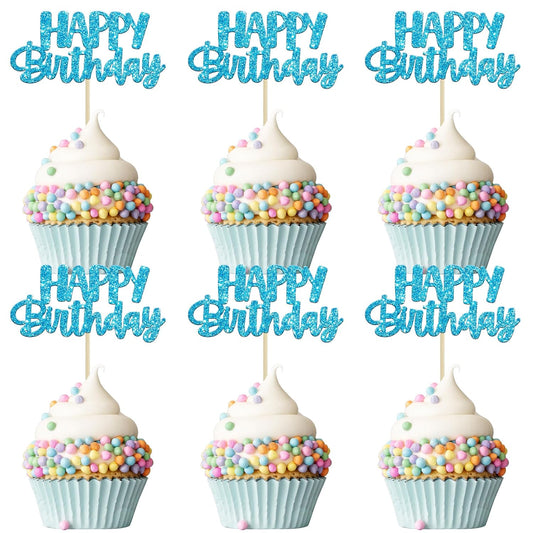 Gyufise Happy Birthday Cupcake Toppers Blue Glitter Birthday Cake Topper Picks Dessert Topper Decoration for Birthday Party Anniversary Celebration Pack of 24