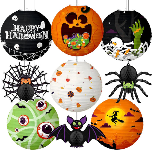 KatchOn, Halloween Paper Lanterns & Honeycomb Set – Pack 9 | Hanging Halloween Decorations Indoor, Outdoor | Spooky Hanging Decorations | Halloween Honeycomb for Halloween Party Decorations