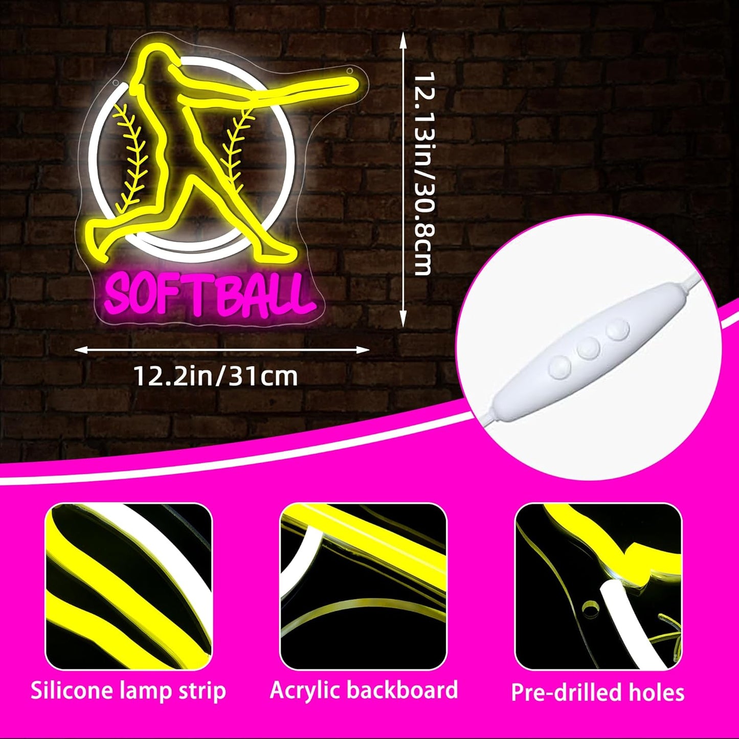 Softball Neon Sign for Wall Decor Dimmable Softball Party Neon Light for Girls Sport Team Light up Sign for Women Fans Club Court Wall Art Office Park Christmas Birthday Gifts Size12.2*12.1In(WZCP232)