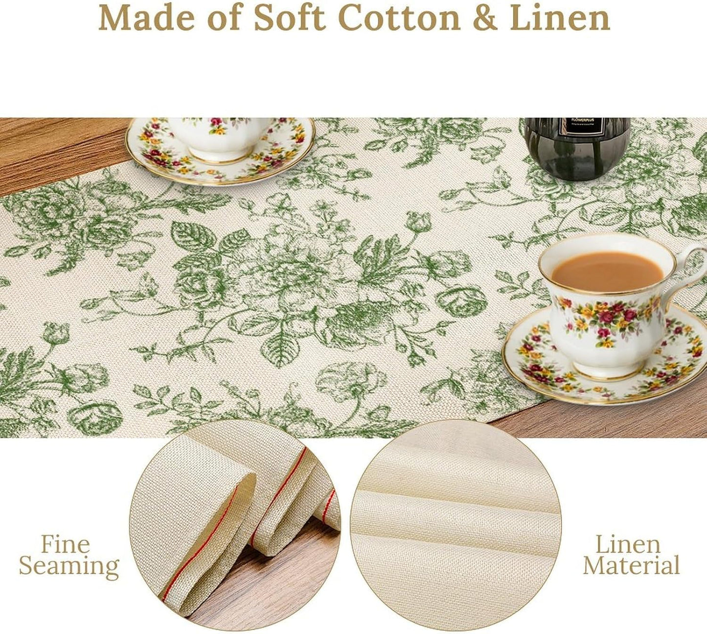 Vintage Flower Table Runner, Wildfloral Green Floral Sketch Pattern Print Table Runner for Kitchen Dinning Table Runner Decor Home Wedding Party Holiday, 13x60 Inch