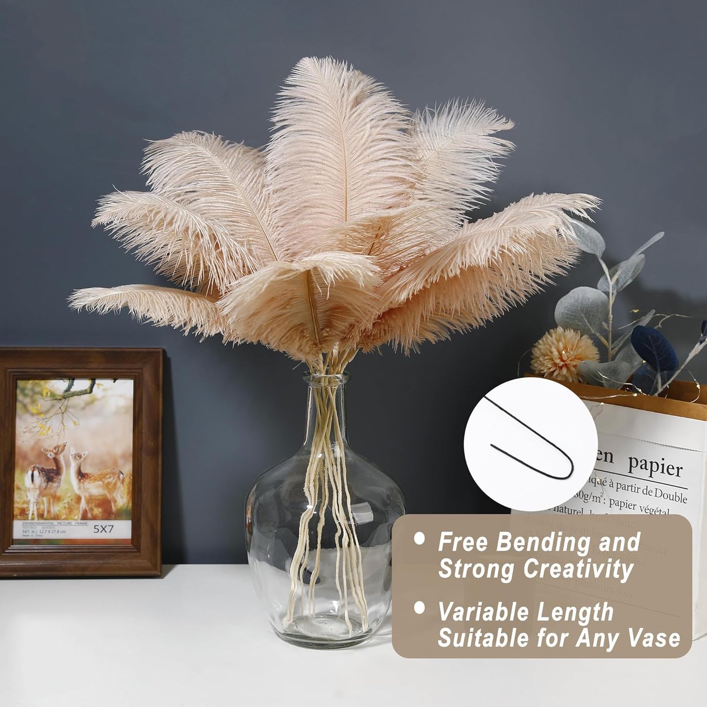 Holmgren Champagne Large Ostrich Feathers - 20pcs Making Kit 22 Inch Boho Feather Decor for Vase, Floral Arrangement, Wedding Party Centerpieces Home Decorations（Champagne）