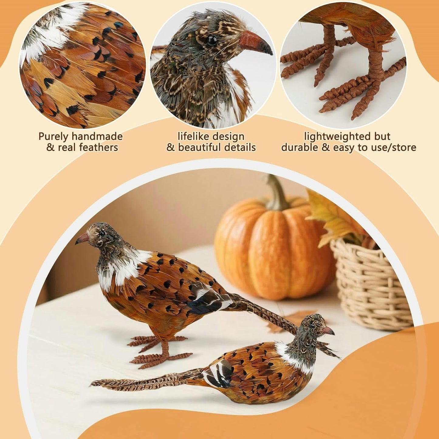 naturevibe Feathered Pheasant Decor Set of 2,Simulation Woodland Animals Figurines with Natural Pheasant Feathers as Fall Home Decor or Gifts for Autumn Harvest Festival