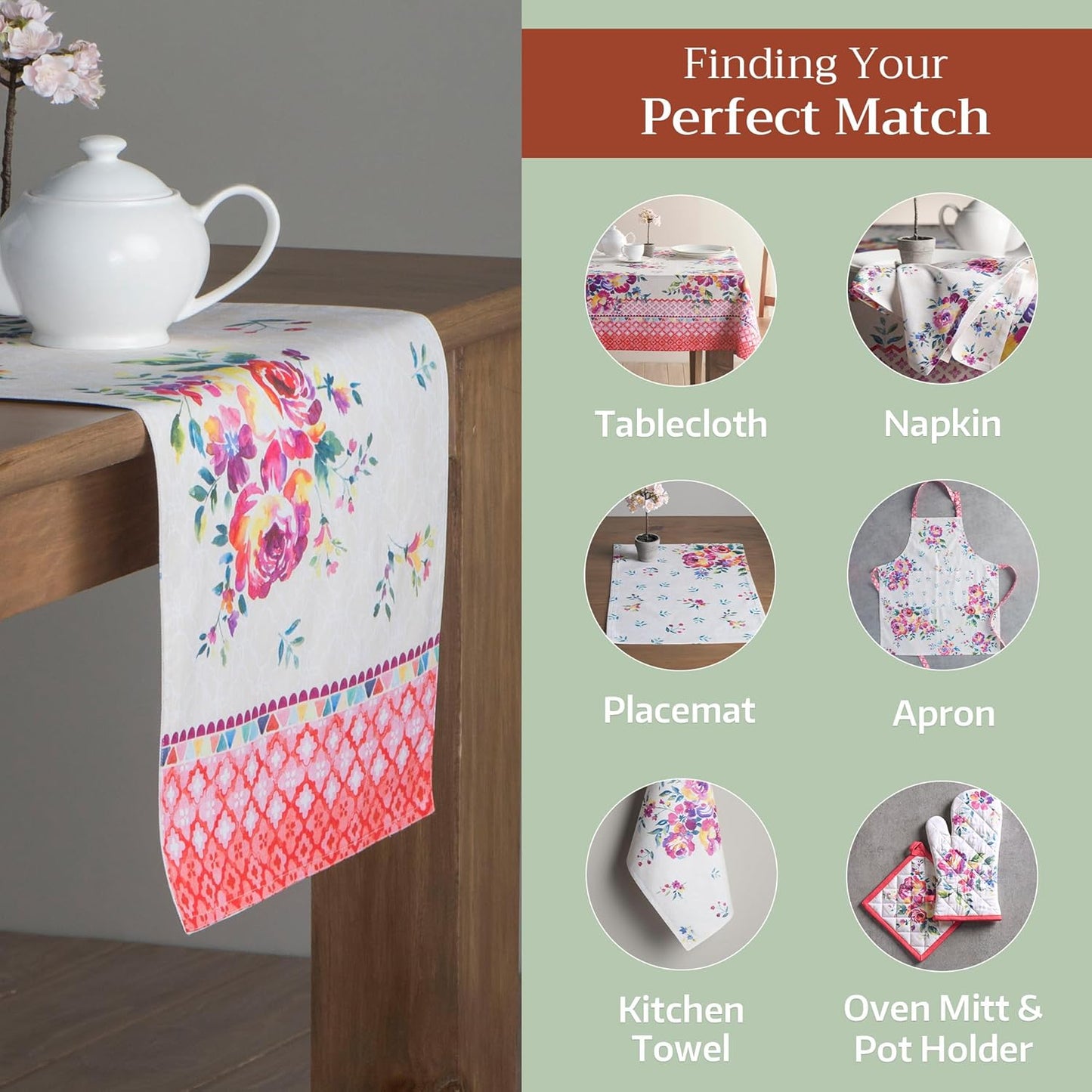 Maison d' Hermine Table Runner 100% Cotton Double Layer Table Runners 108 inches Long Decorative for Home Kitchen Dining Party Wedding Bridal Shower Spring Summer (Rose Garden, 14.50" x 108")